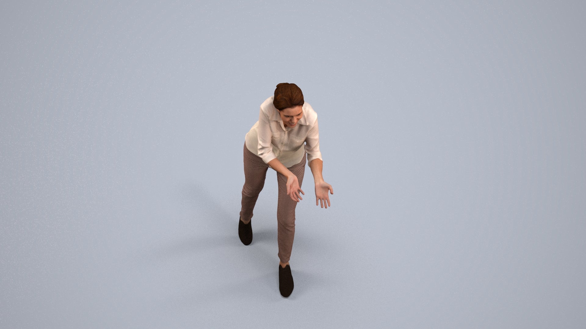 3D human model woman casual standing, photogrammetry scanned person for archviz, back view render