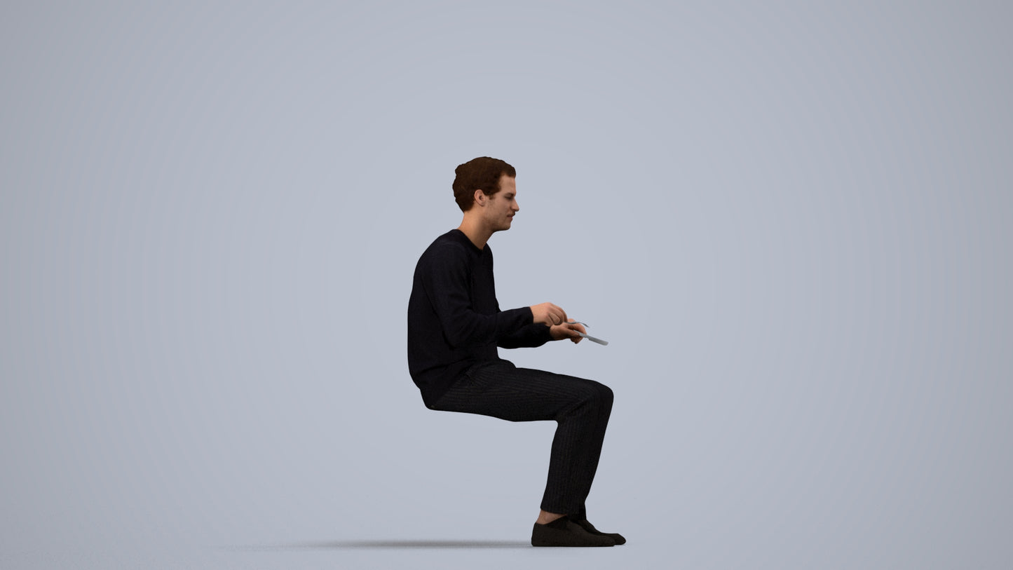 realistic 3D man casual sitting, scanned archviz people for Blender and 3ds Max, side view render