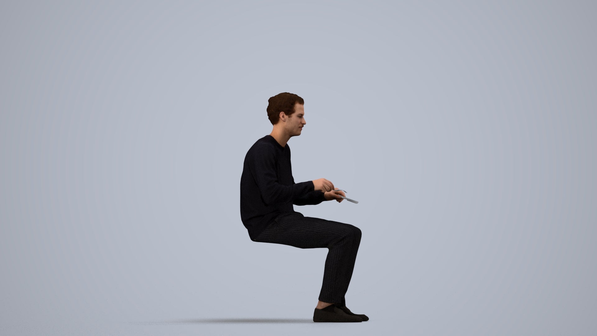 realistic 3D man casual sitting, scanned archviz people for Blender and 3ds Max, side view render