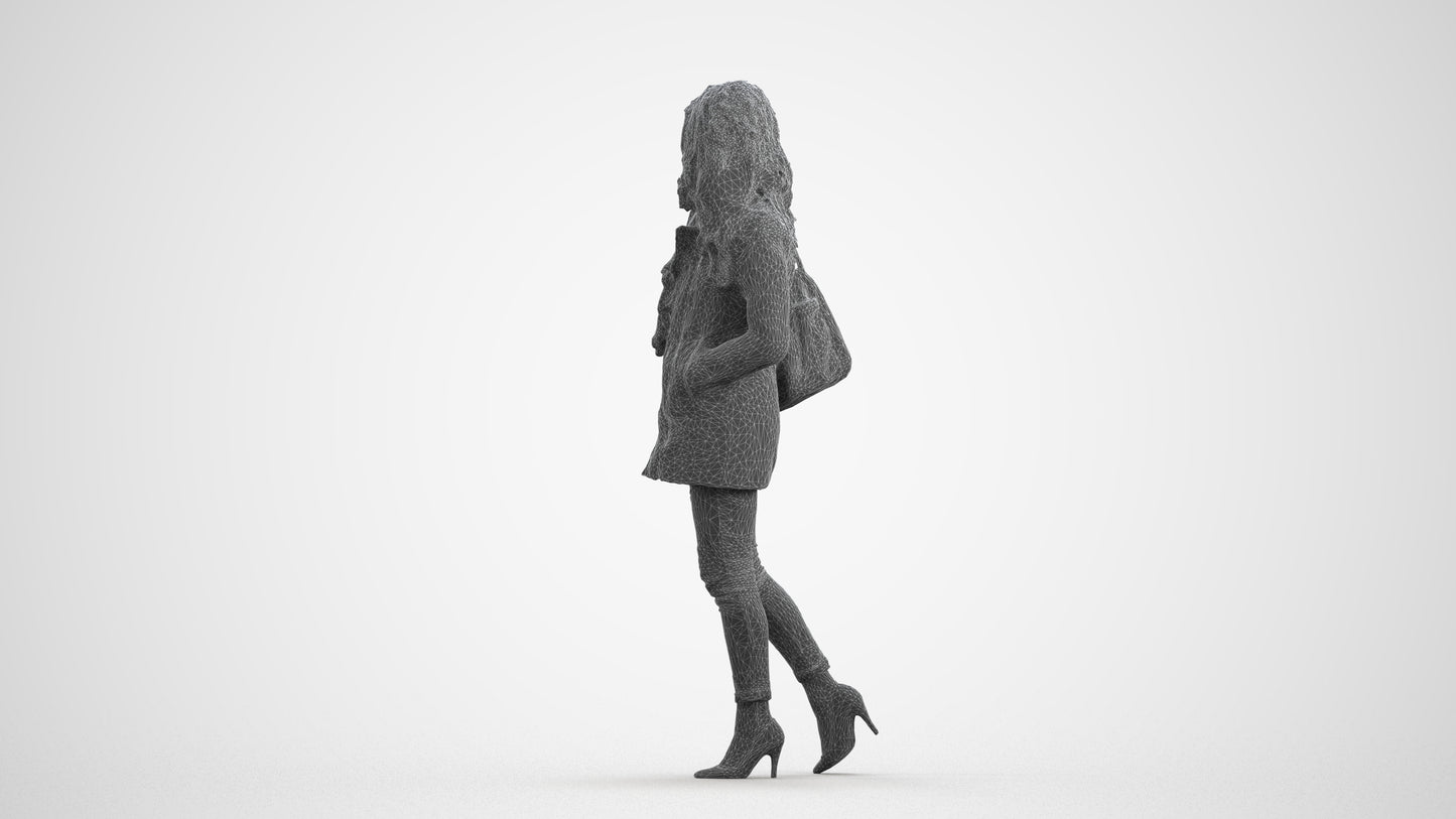 3D scanned woman walking casual, photorealistic archviz people for Enscape and SketchUp, wireframe front view
