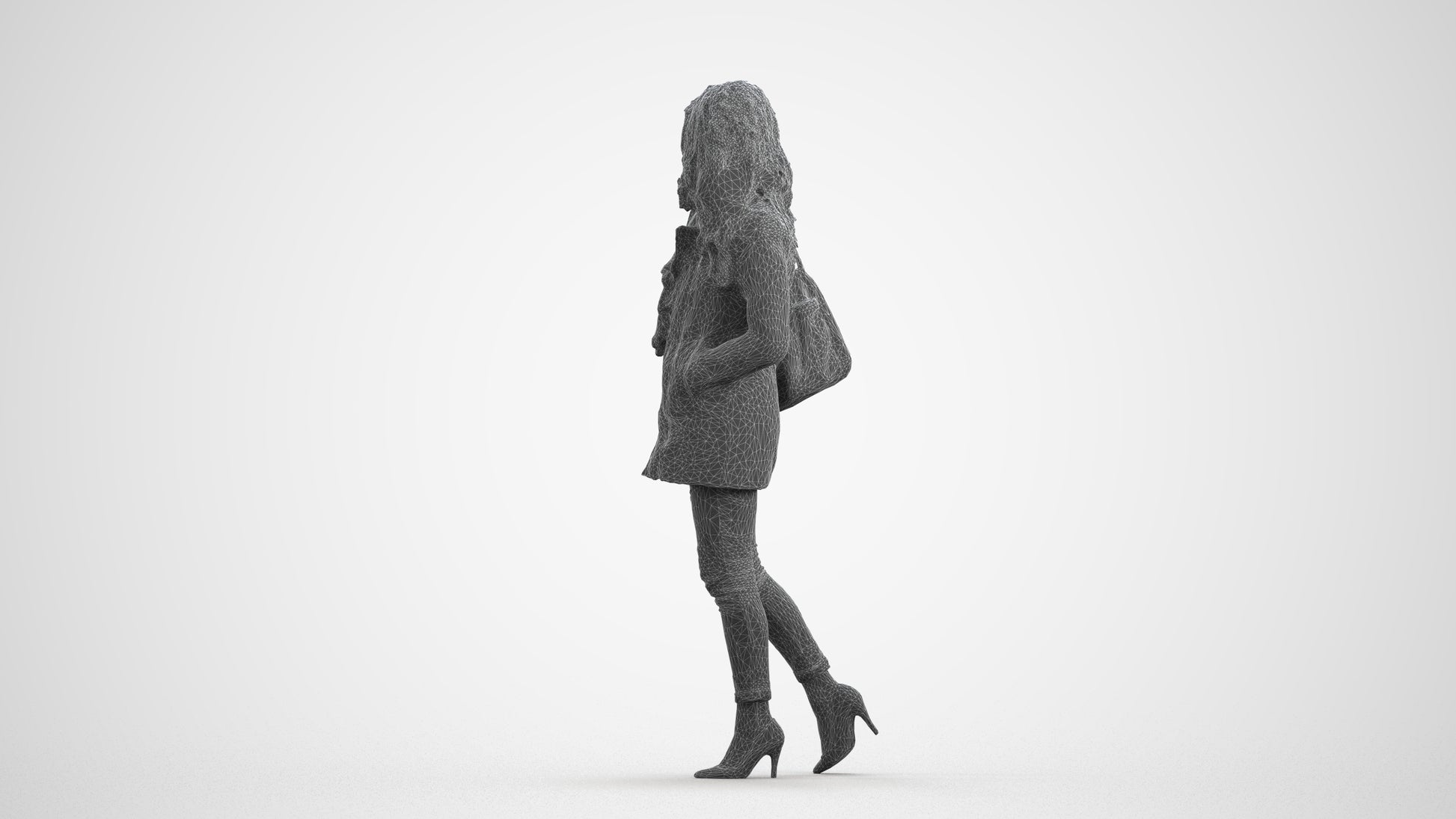 3D scanned woman walking casual, photorealistic archviz people for Enscape and SketchUp, wireframe front view