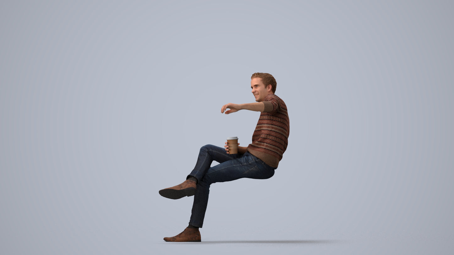 scanned 3D man casual sitting, photogrammetry people for Enscape and V-Ray, three-quarter view render