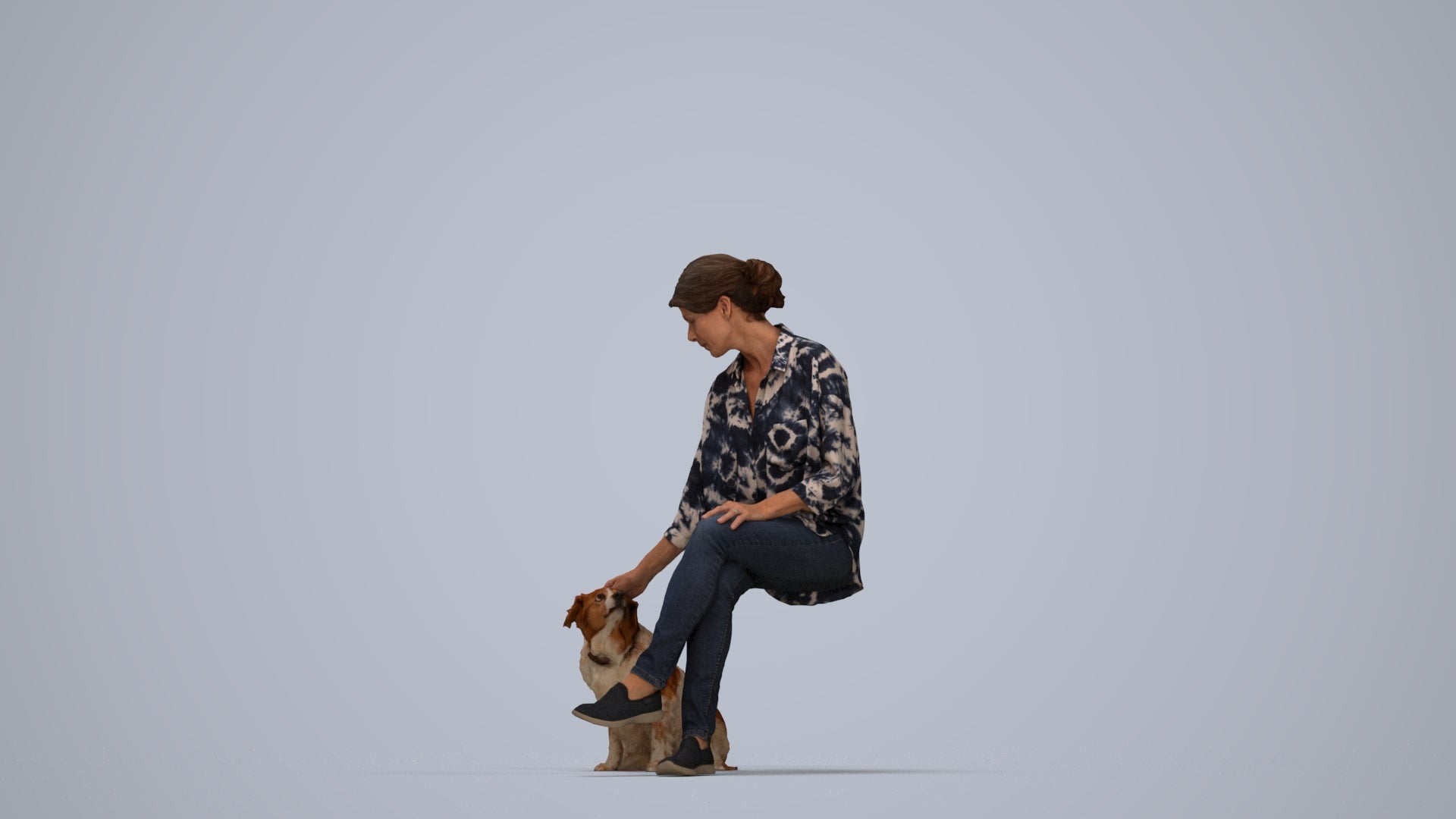 realistic 3D people woman casual sitting, render-ready for V-Ray and Corona, FBX OBJ, top-down view render