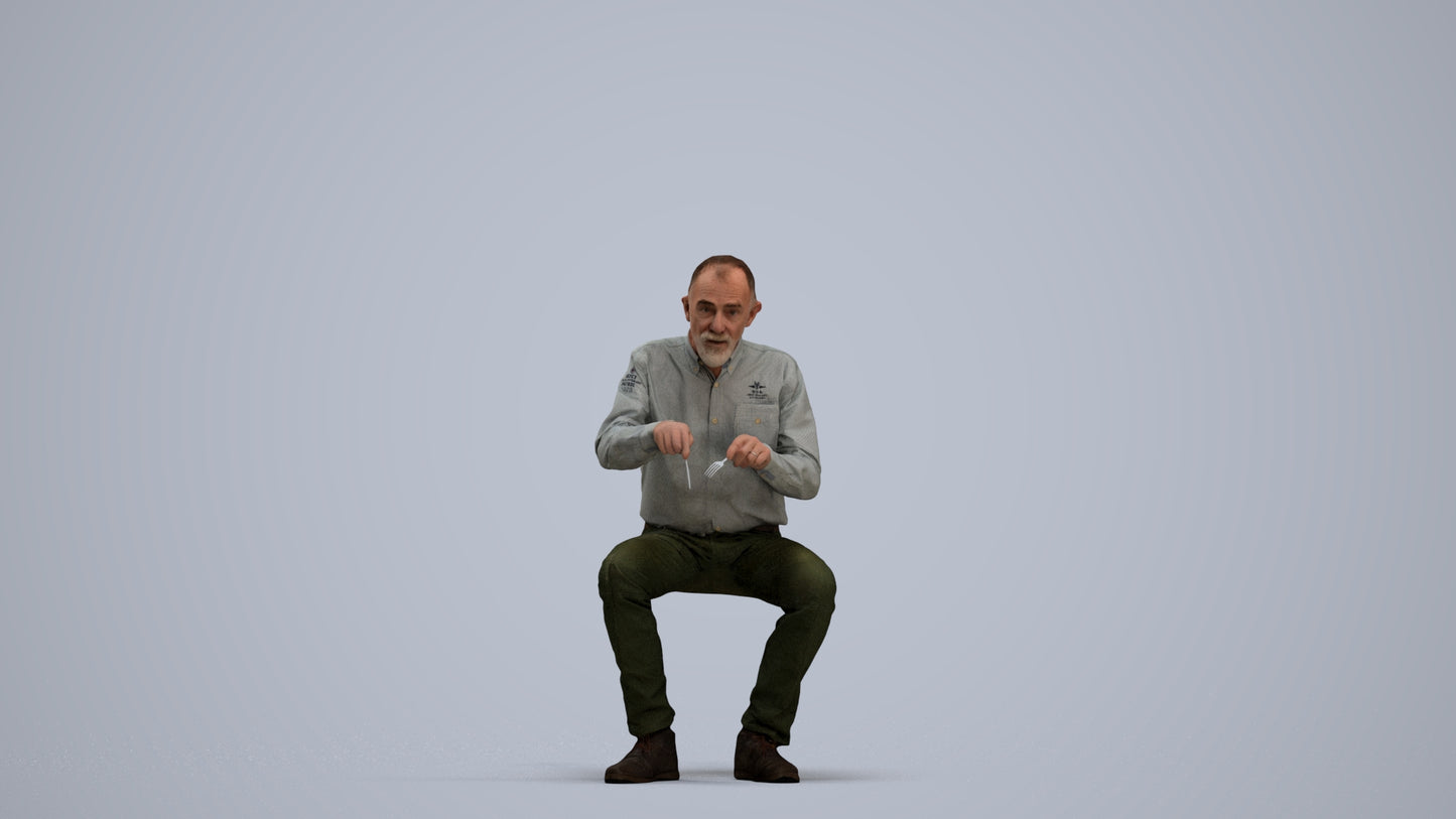 3D human model senior man casual sitting, photogrammetry scanned person for archviz, standing pose render