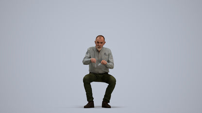 3D human model senior man casual sitting, photogrammetry scanned person for archviz, standing pose render