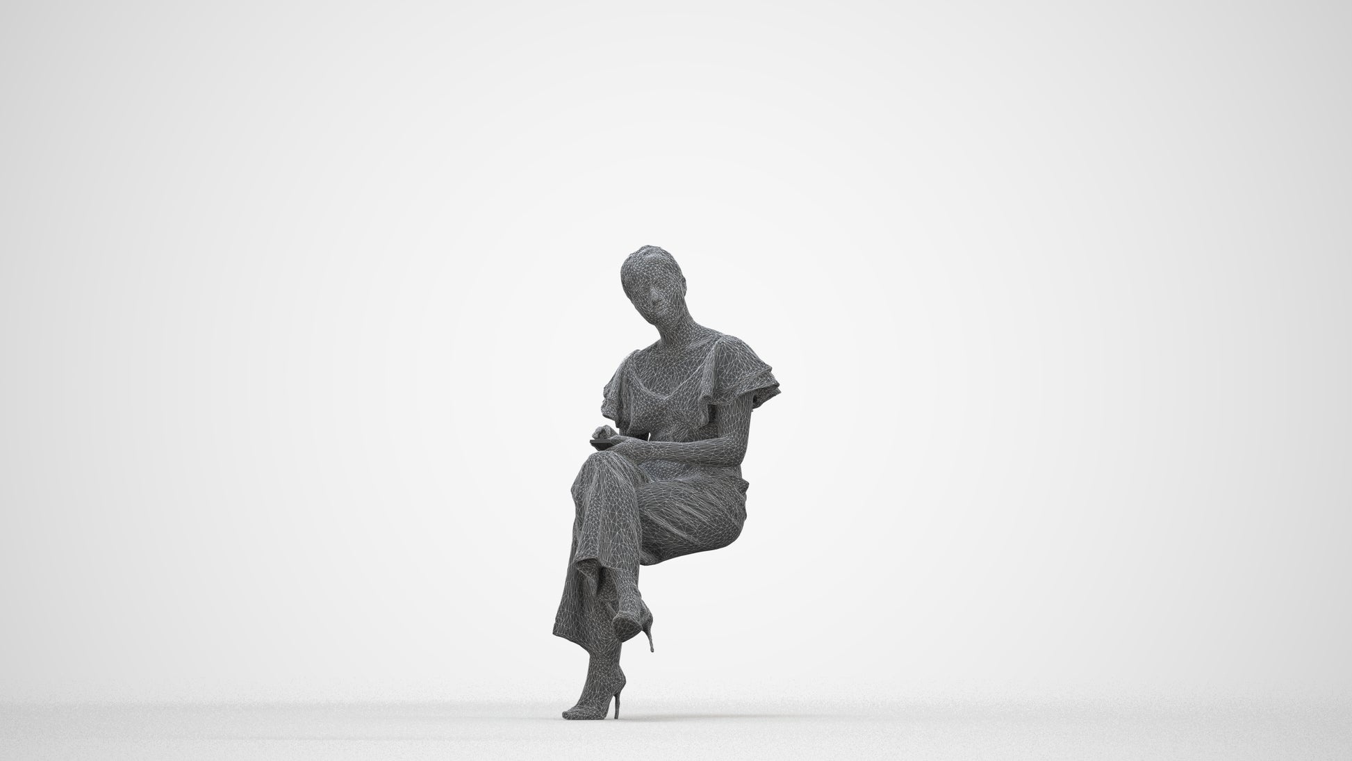 realistic 3D woman business sitting, scanned archviz people for Blender and 3ds Max, wireframe back view