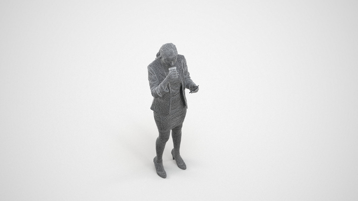realistic 3D human woman business, archviz people FBX OBJ for Blender, wireframe three-quarter view