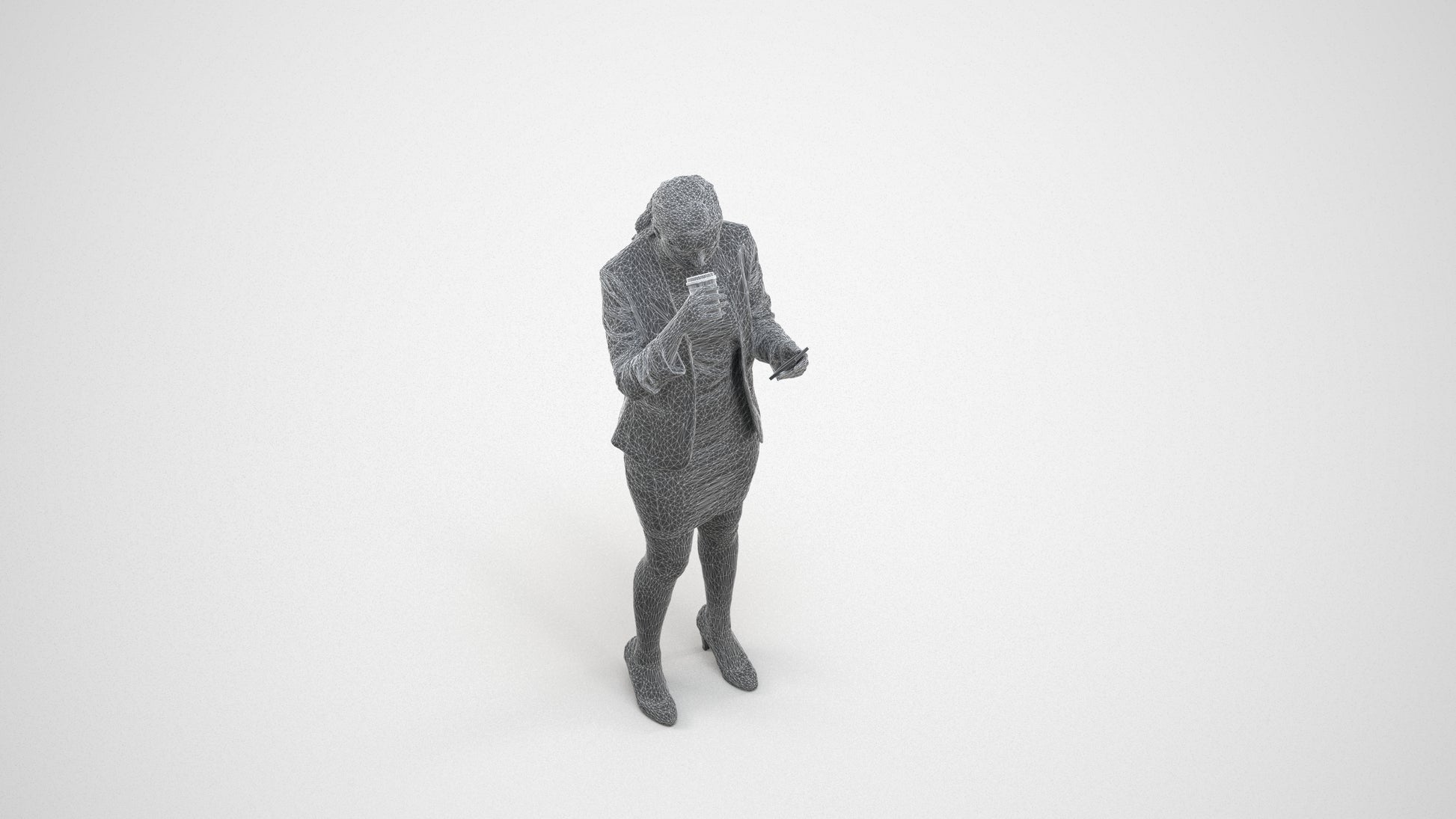 realistic 3D human woman business, archviz people FBX OBJ for Blender, wireframe three-quarter view