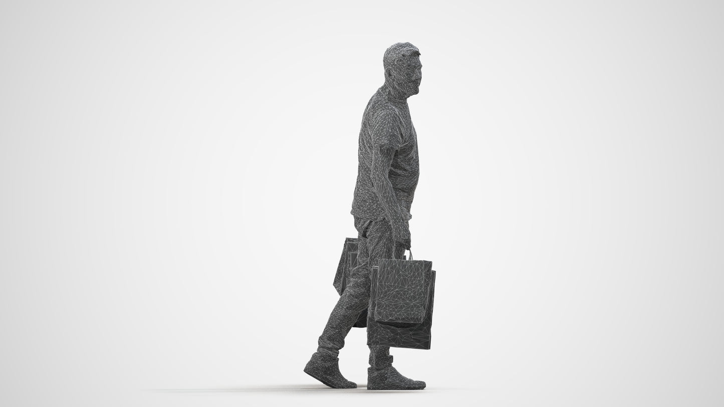 scanned 3D senior man casual shopping, photogrammetry people for Enscape and V-Ray, wireframe side view