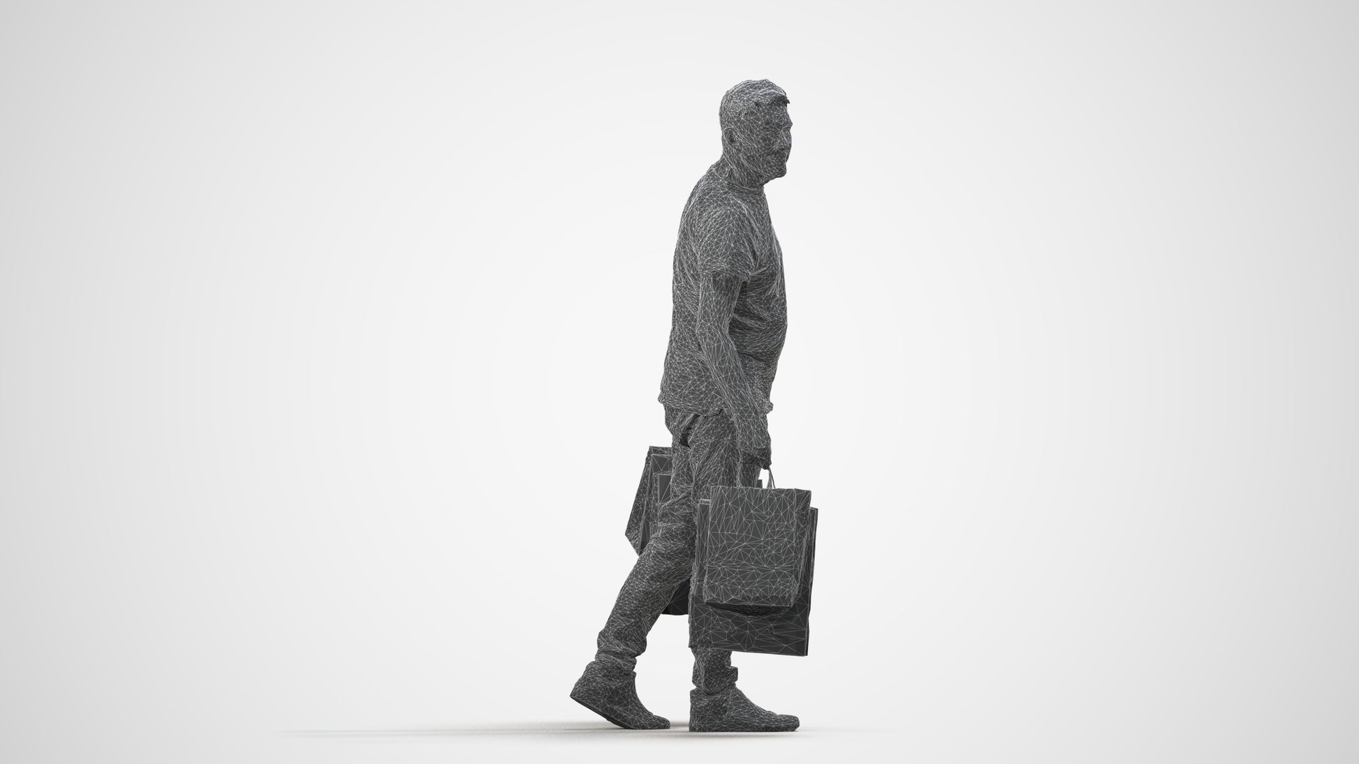 scanned 3D senior man casual shopping, photogrammetry people for Enscape and V-Ray, wireframe side view