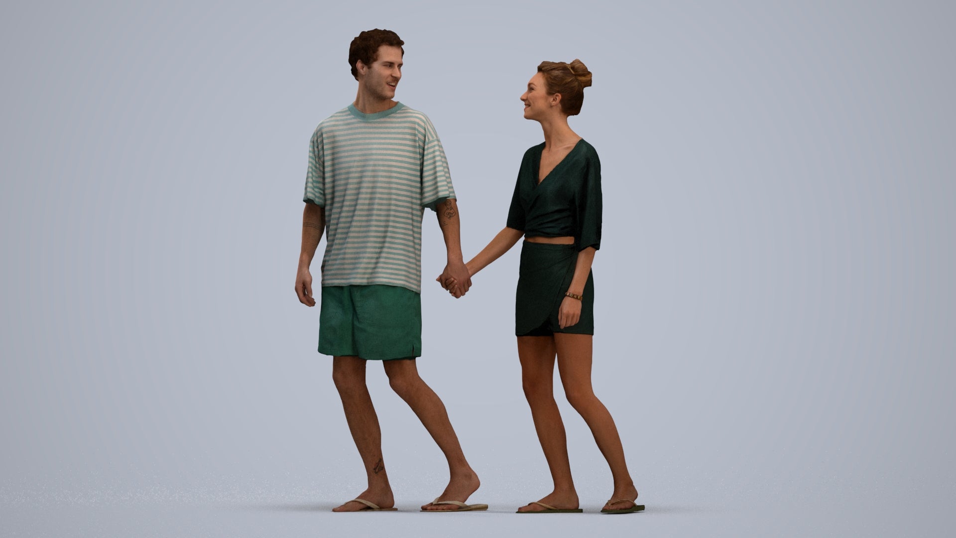 realistic 3D woman casual couple, scanned archviz people for Blender and 3ds Max, standing pose render