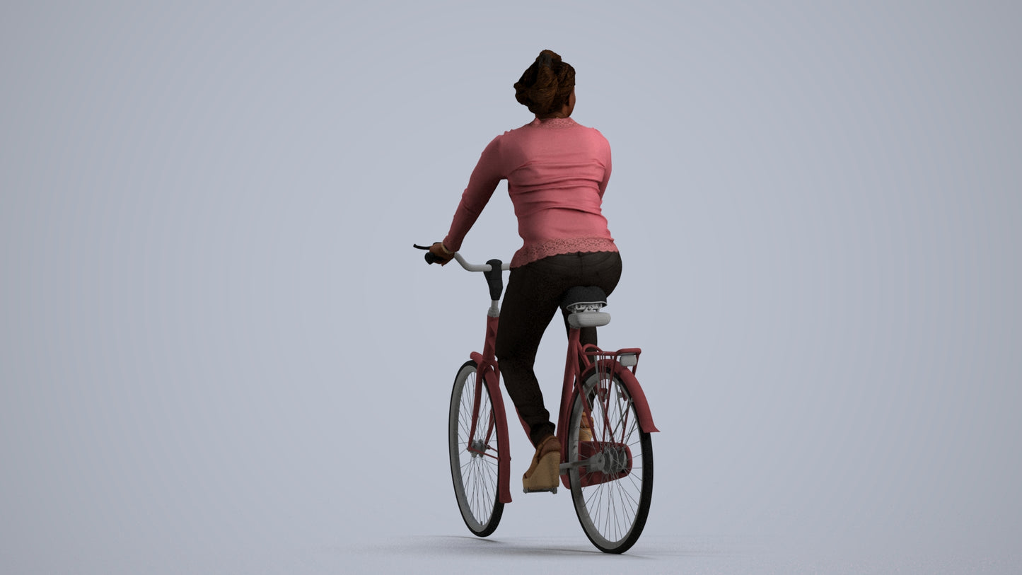 realistic 3D woman casual cycling, scanned archviz people for Blender and 3ds Max, front view render