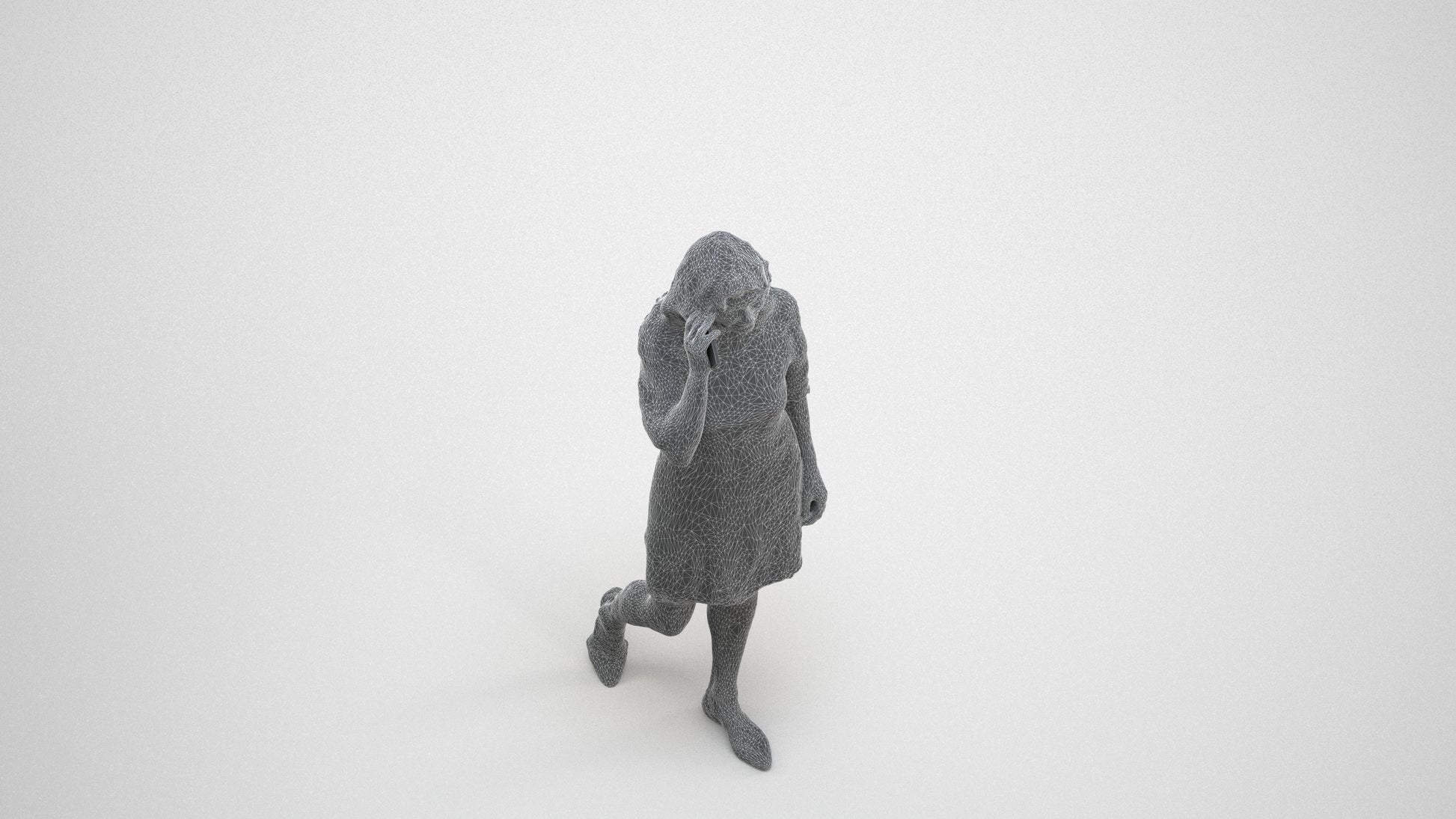 3D human model senior woman casual walking, photogrammetry scanned person for archviz, wireframe three-quarter view
