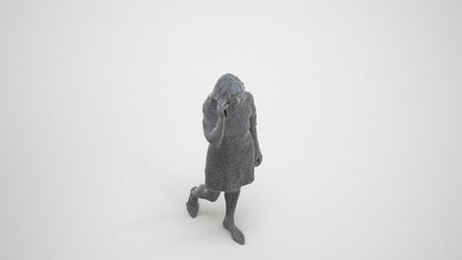 3D human model senior woman casual walking, photogrammetry scanned person for archviz, wireframe three-quarter view
