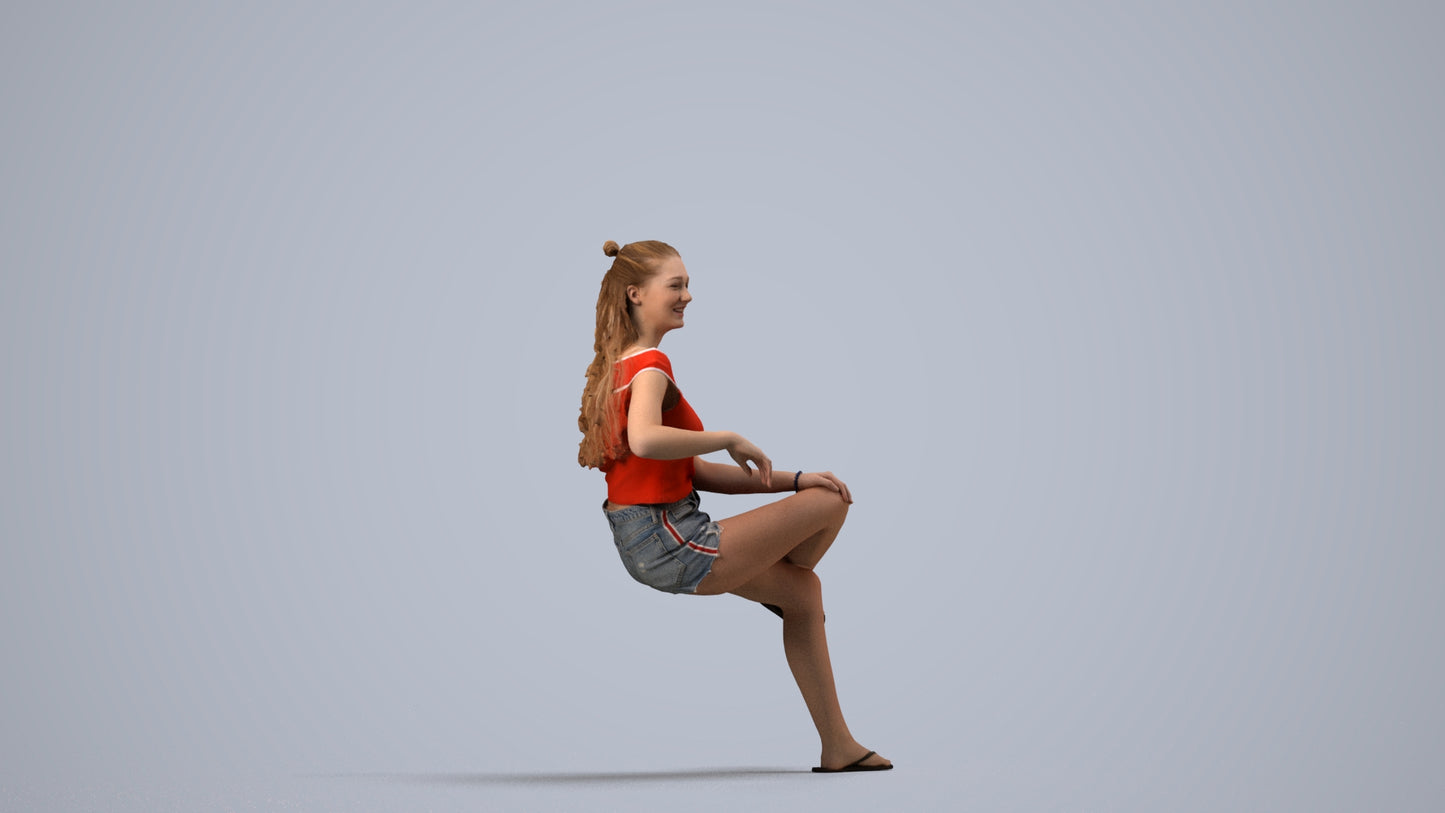 3D people model girl casual sitting, scanned human for 3ds Max rendering, side view render