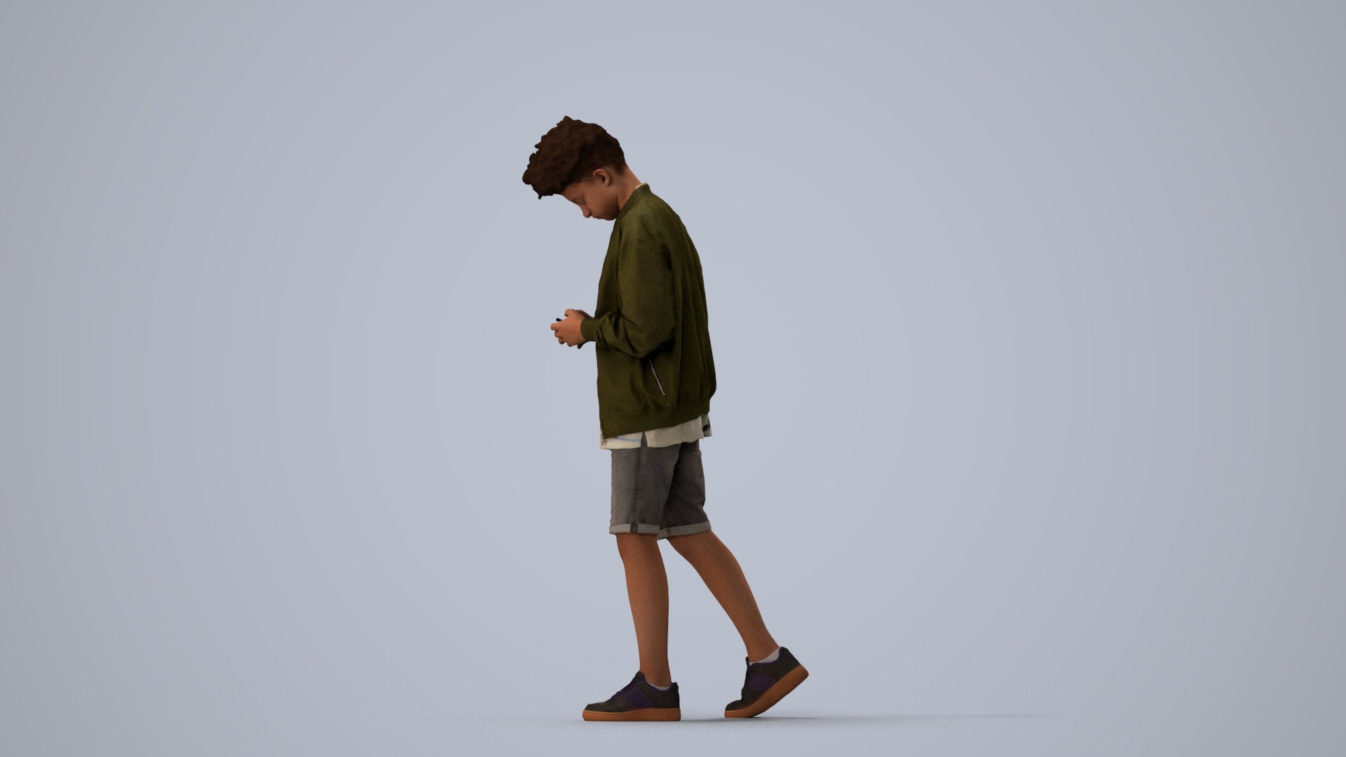 3D human model boy casual kids, photogrammetry scanned person for archviz, three-quarter view render