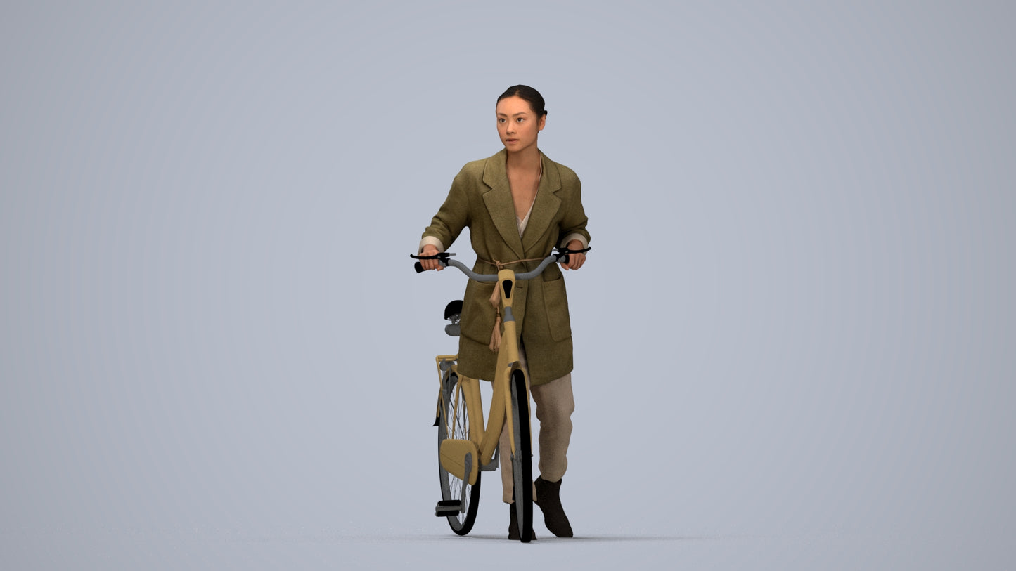 realistic 3D people woman casual cycling, render-ready for V-Ray and Corona, FBX OBJ, top-down view render