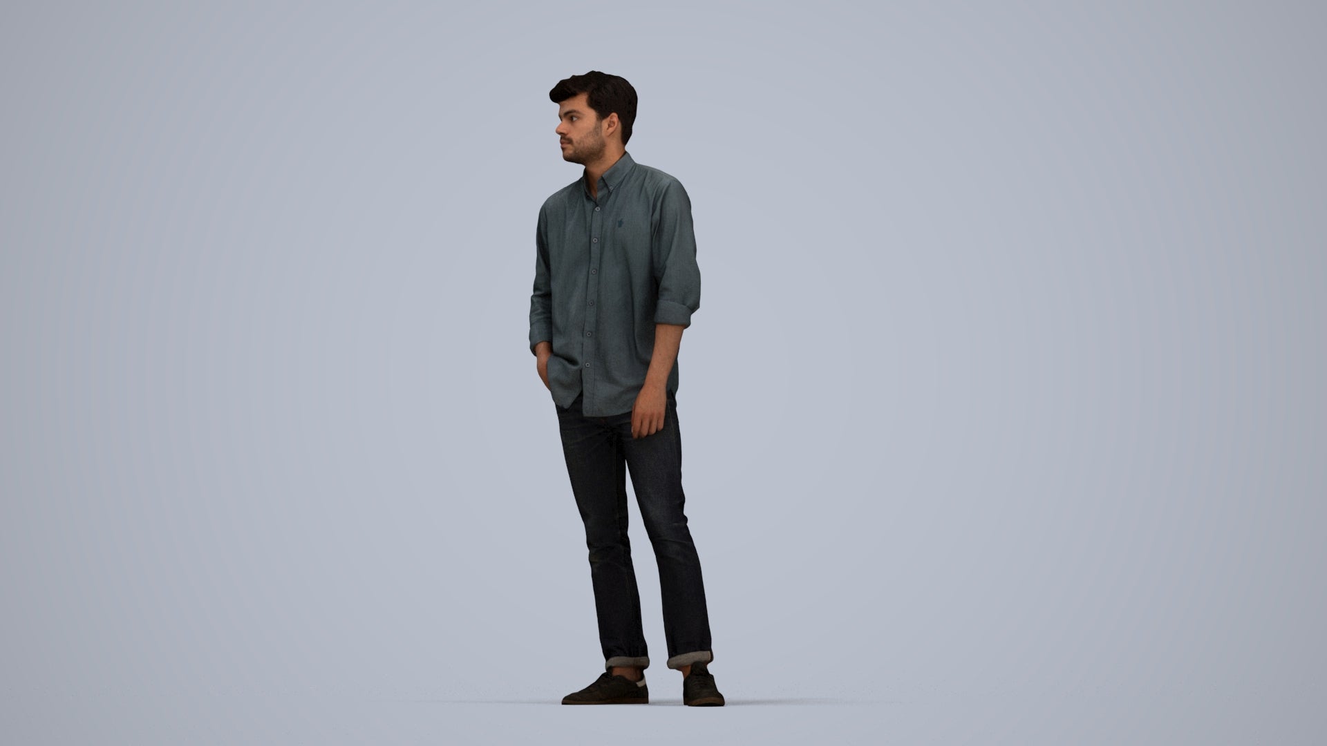 photogrammetry 3D man casual standing, realistic human model archviz FBX, top-down view render