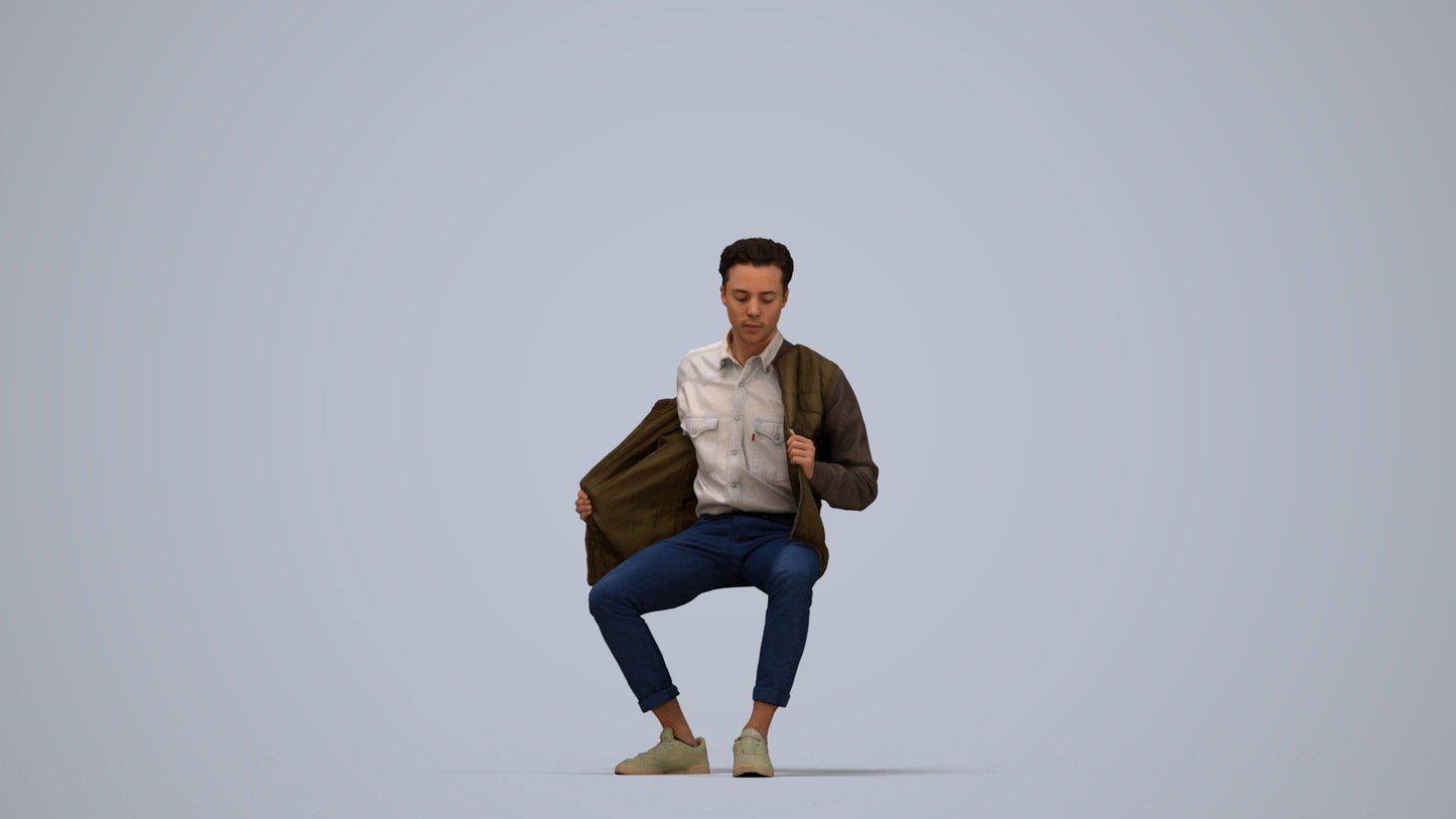 realistic 3D man casual sitting, scanned archviz people for Blender and 3ds Max, top-down view render