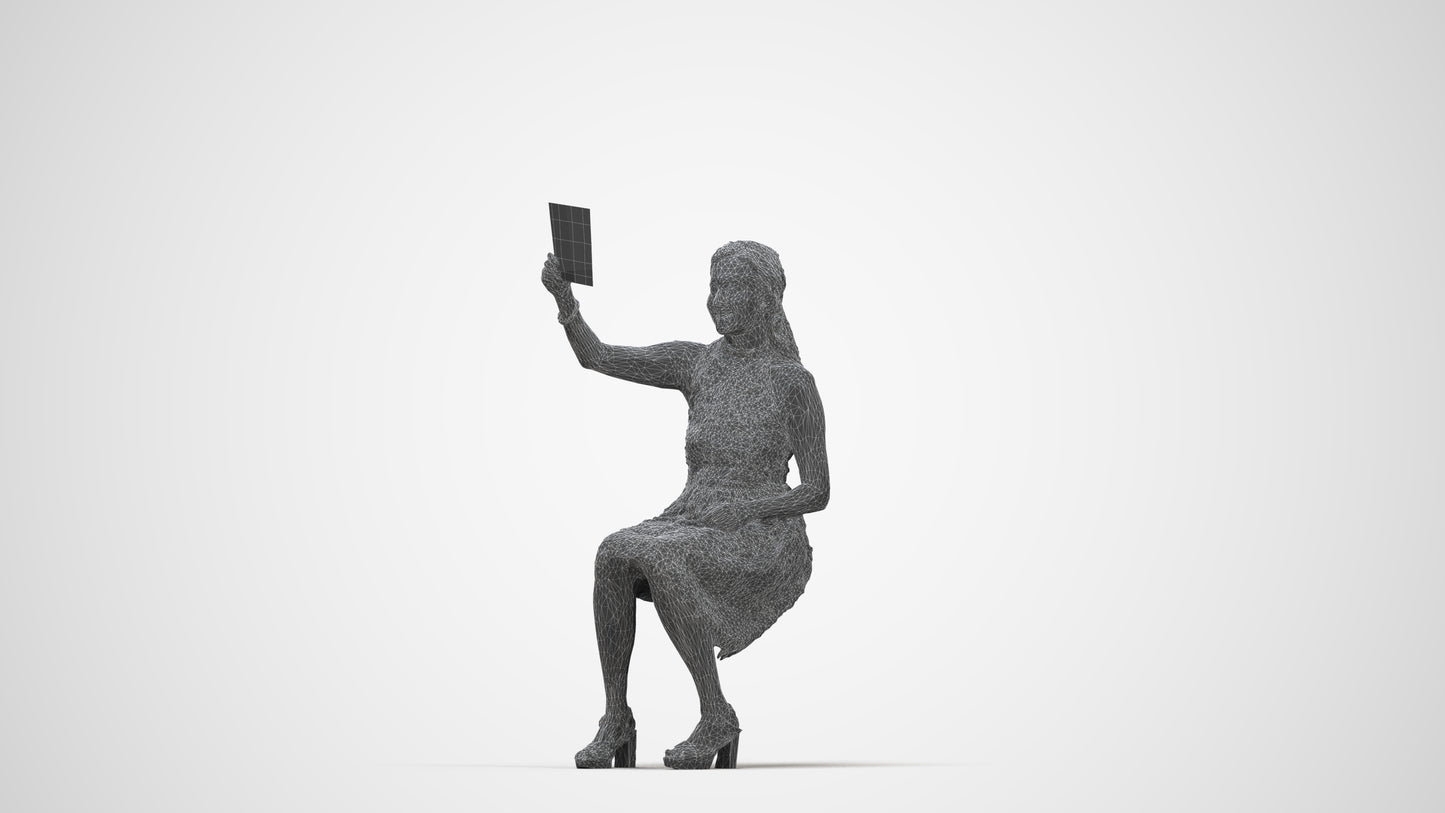 realistic 3D people woman formal sitting, render-ready for V-Ray and Corona, FBX OBJ, wireframe back view
