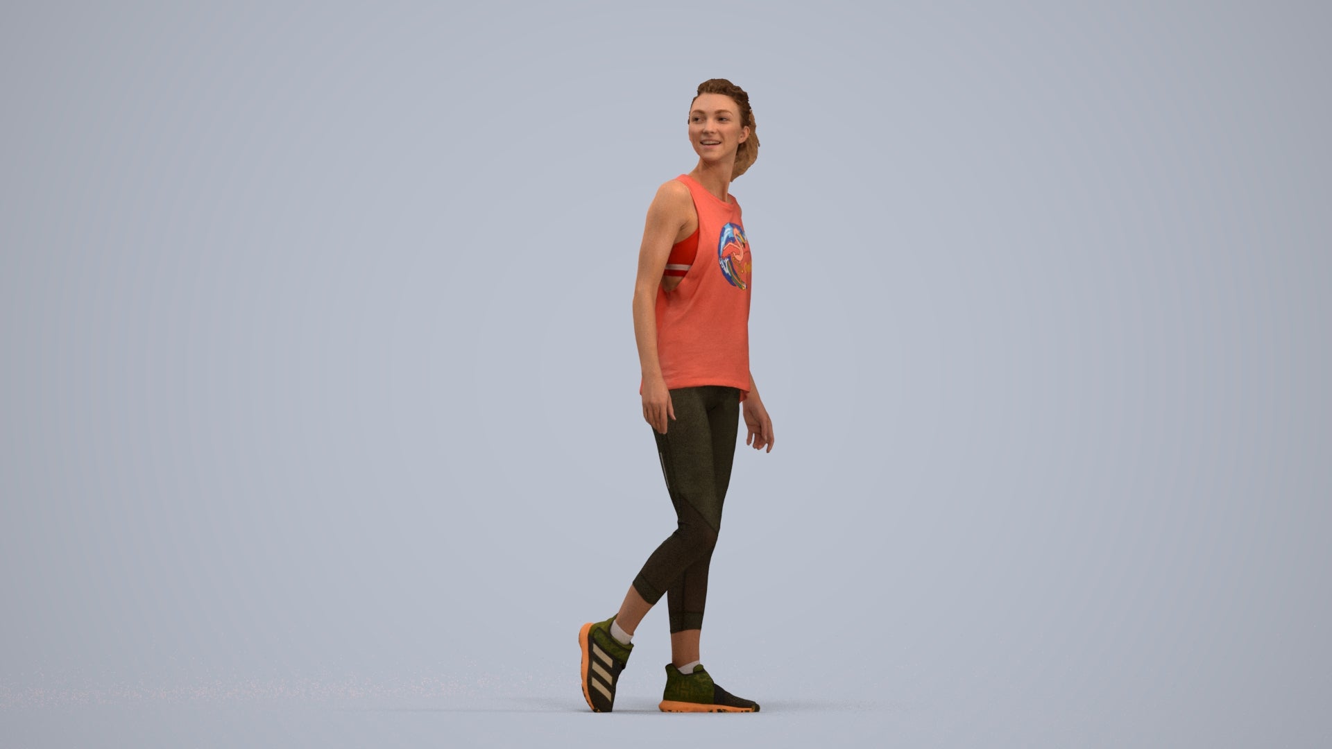 3D human model woman sport, photogrammetry scanned person for archviz, standing pose render