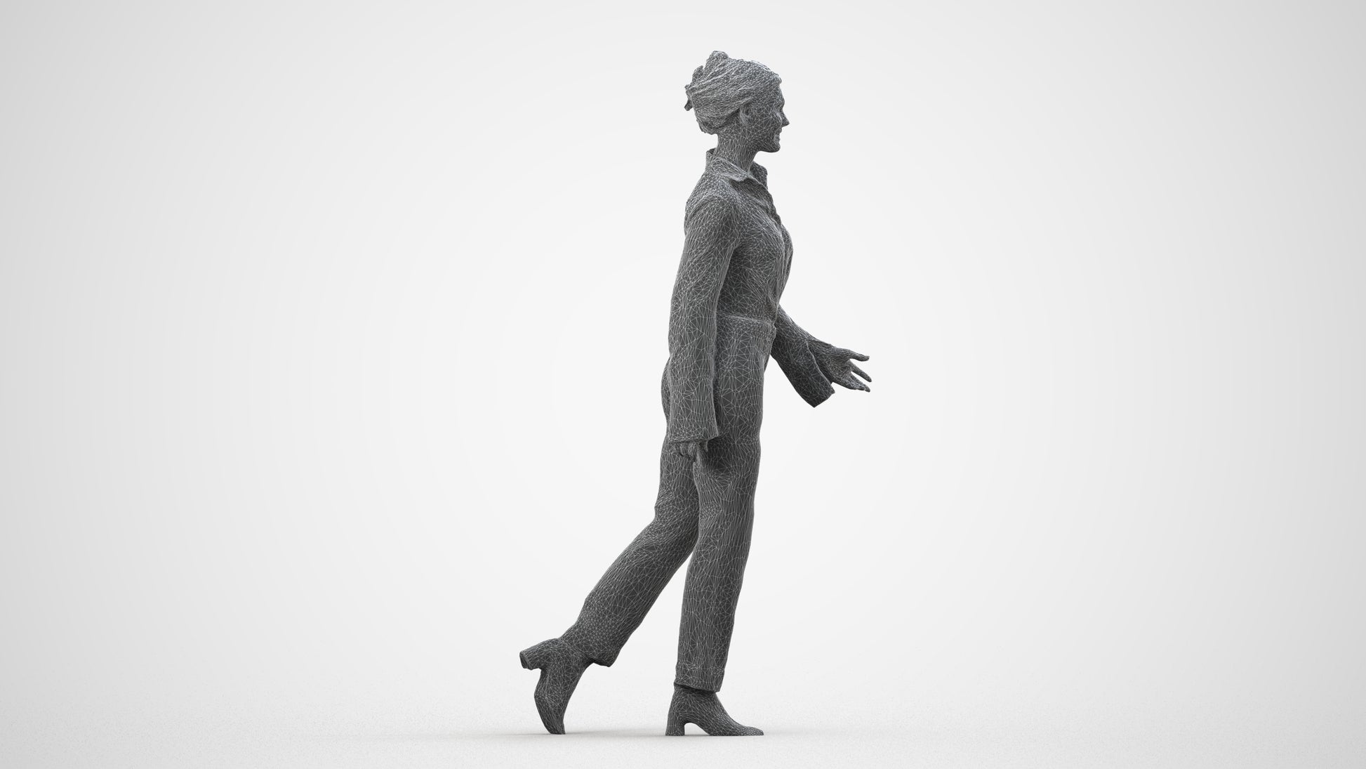 3D human model woman business walking, photogrammetry scanned person for archviz, wireframe side view