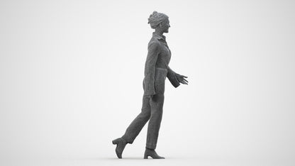 3D human model woman business walking, photogrammetry scanned person for archviz, wireframe side view