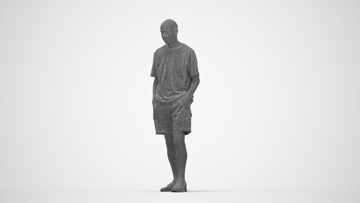 realistic 3D senior man casual standing, scanned archviz people for Blender and 3ds Max, wireframe back view