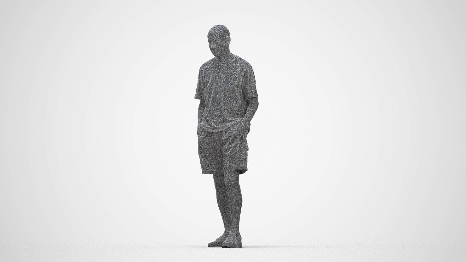 realistic 3D senior man casual standing, scanned archviz people for Blender and 3ds Max, wireframe back view