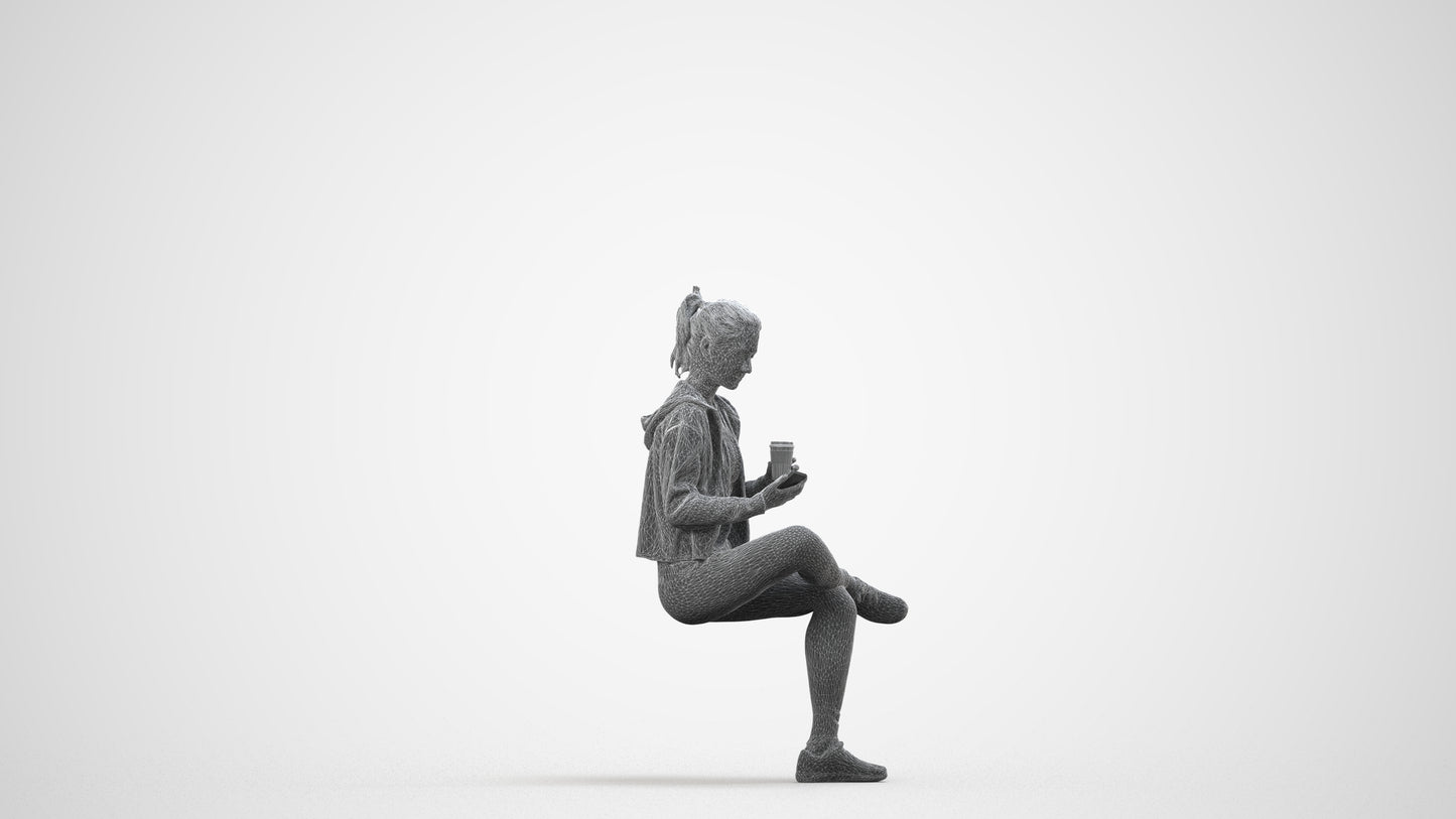 realistic 3D woman sport sitting, scanned archviz people for Blender and 3ds Max, wireframe side view