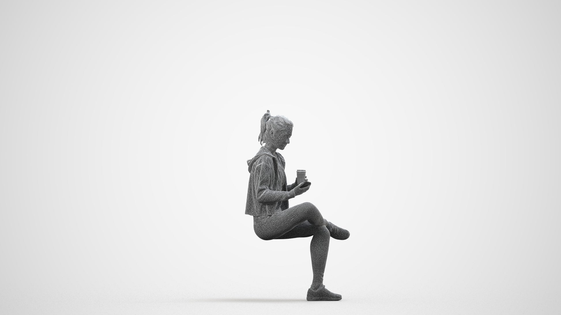 realistic 3D woman sport sitting, scanned archviz people for Blender and 3ds Max, wireframe side view