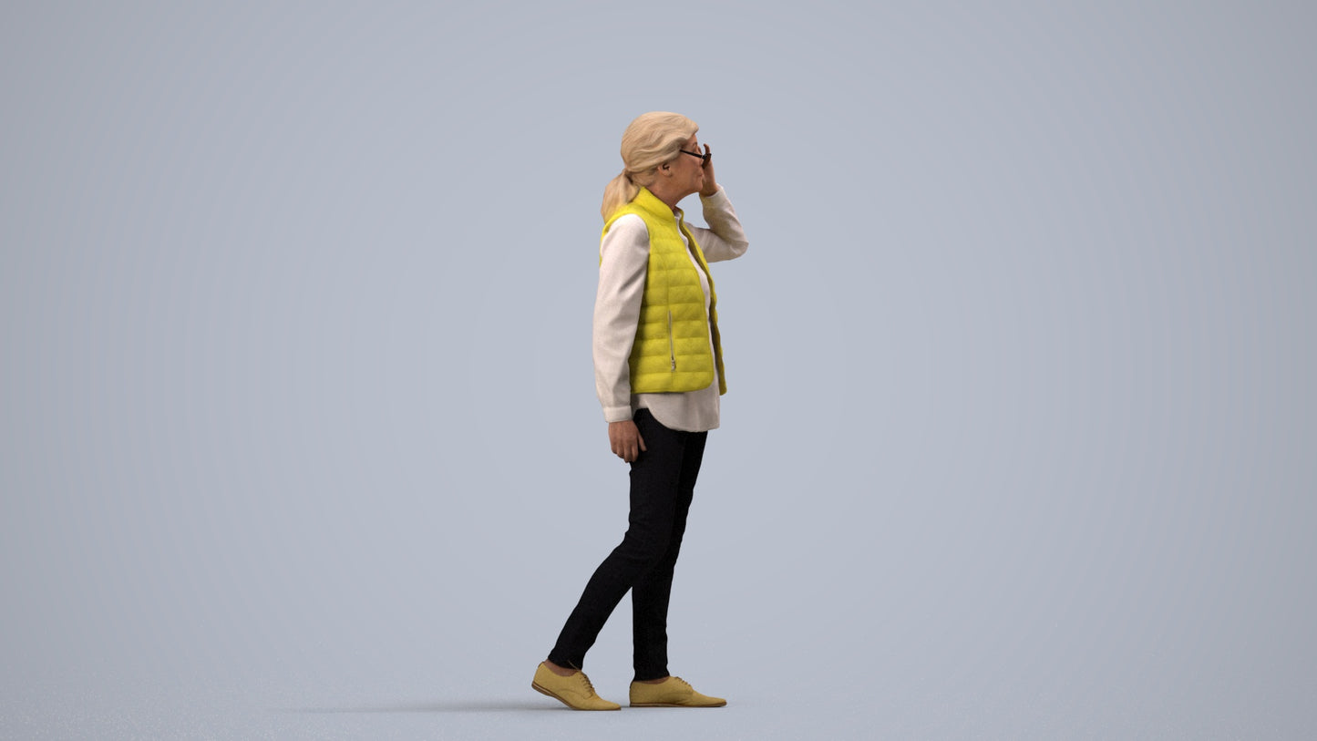 3D human model senior woman casual standing, photogrammetry scanned person for archviz, side view render