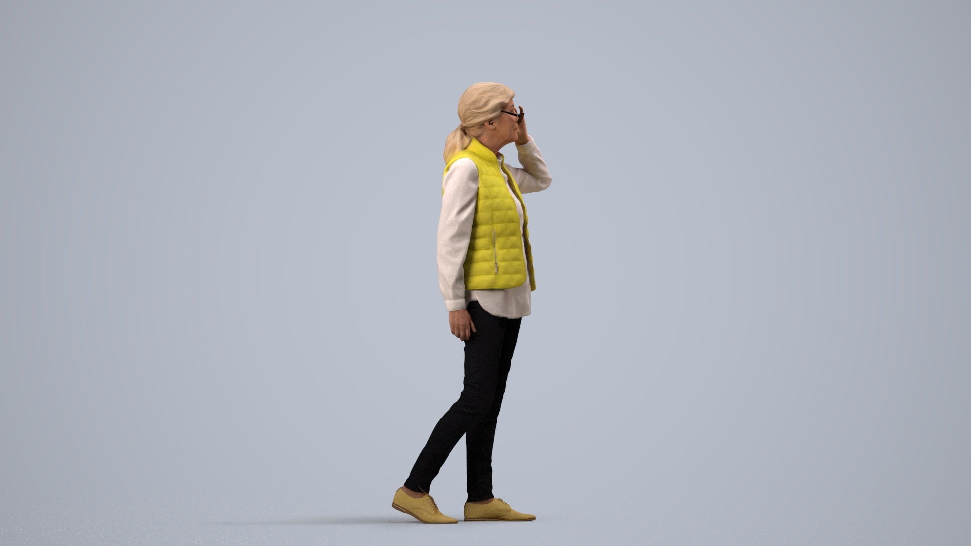 3D human model senior woman casual standing, photogrammetry scanned person for archviz, side view render
