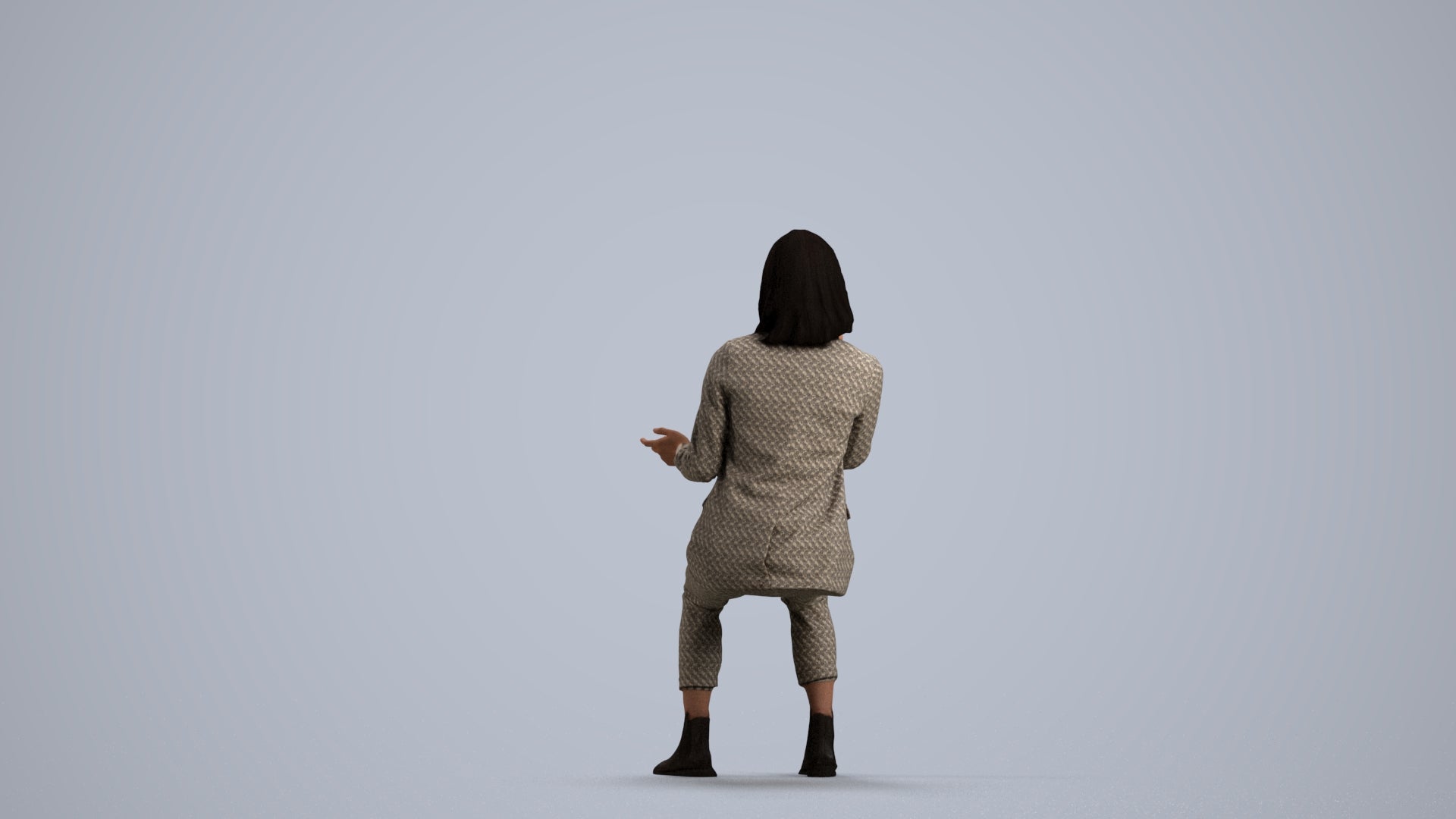 3D human model woman business, photogrammetry scanned person for archviz, front view render
