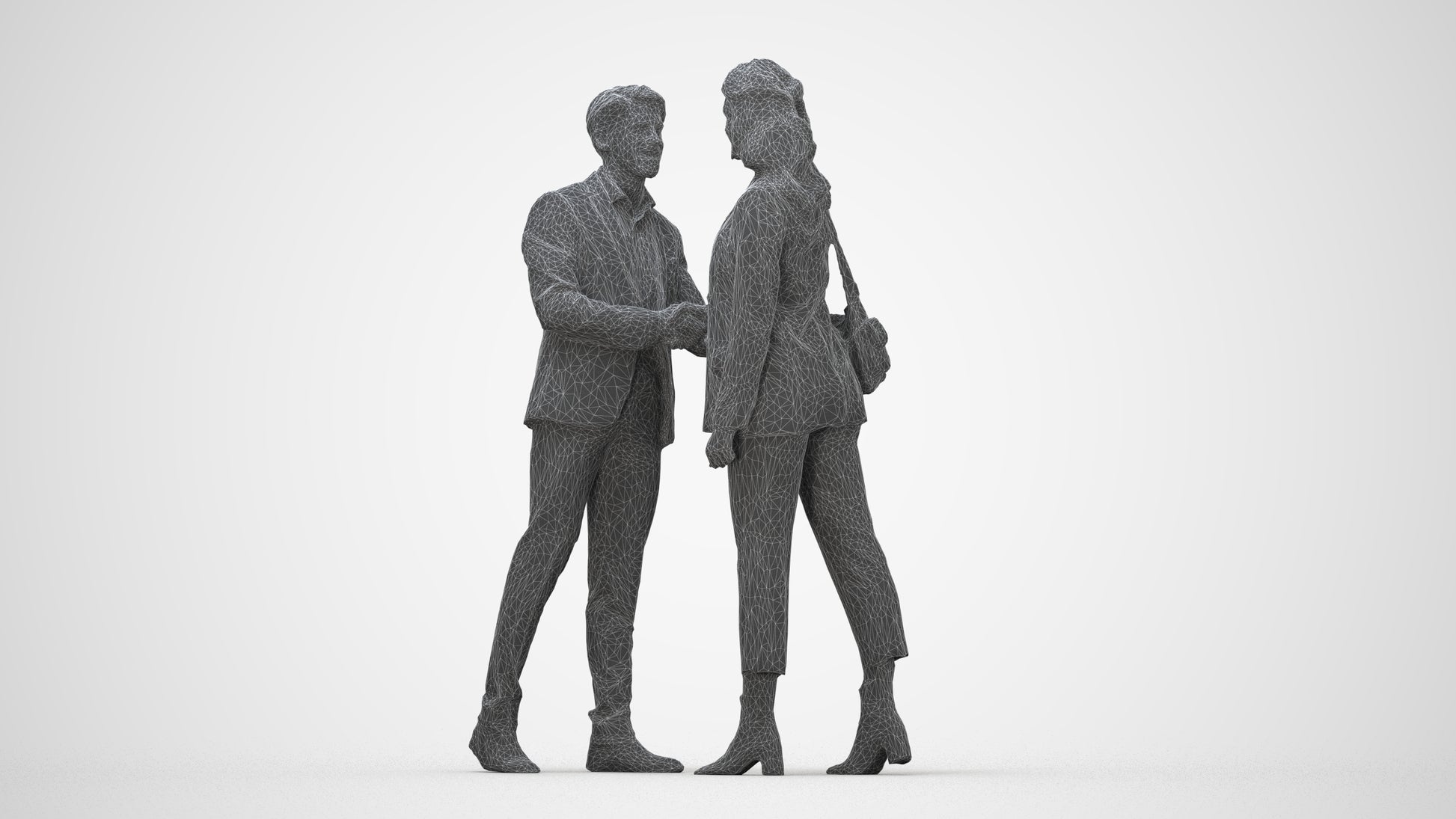 3D human model woman business, photogrammetry scanned person for archviz, wireframe back view