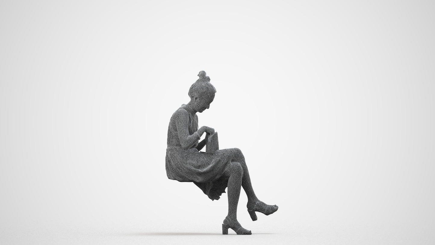 realistic 3D woman formal sitting, scanned archviz people for Blender and 3ds Max, wireframe side view