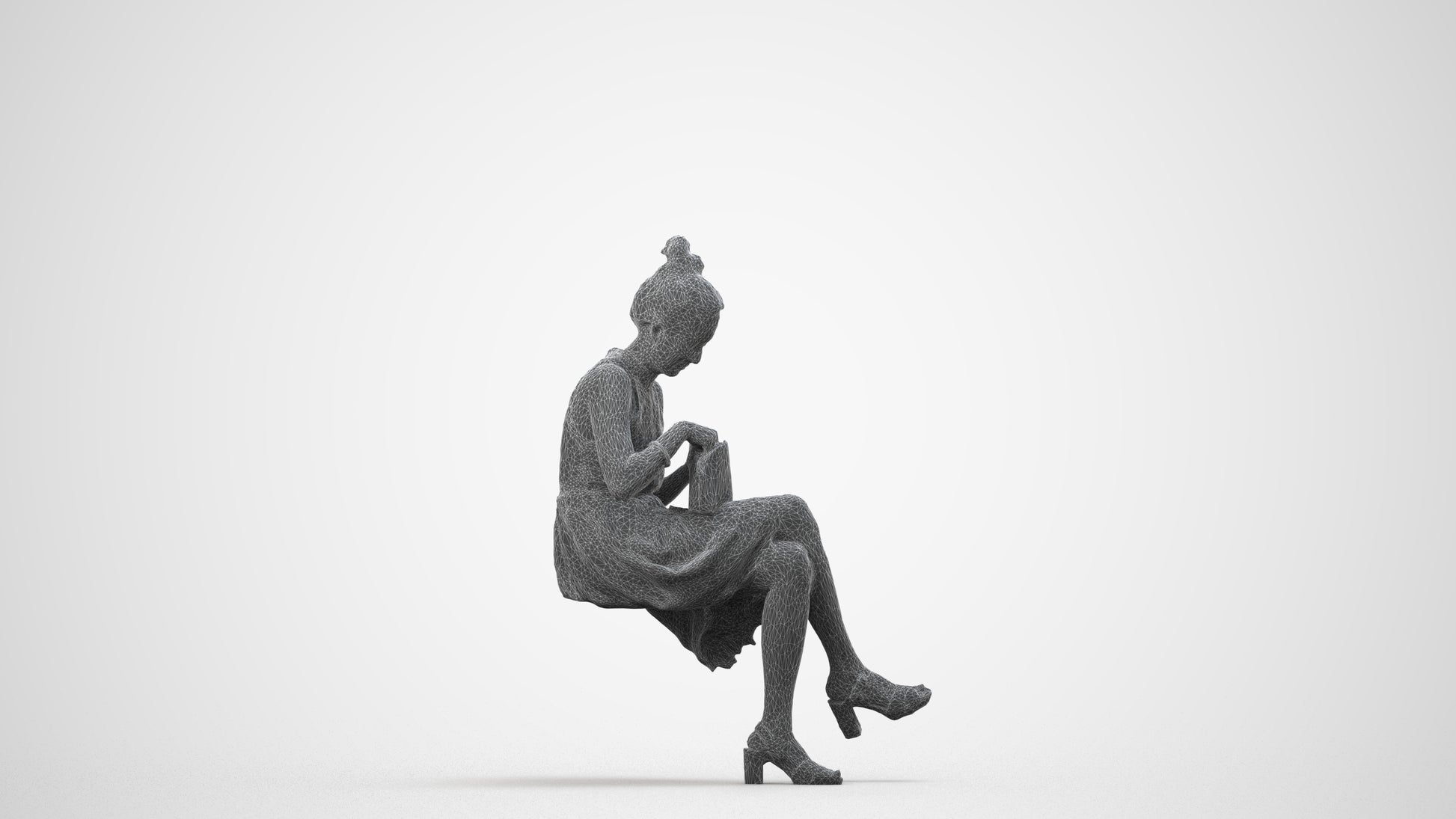 realistic 3D woman formal sitting, scanned archviz people for Blender and 3ds Max, wireframe side view