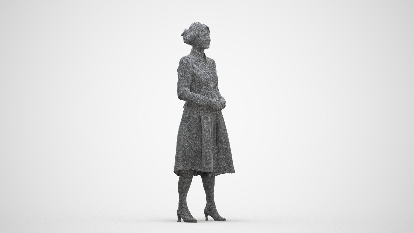realistic 3D senior woman business standing, scanned archviz people for Blender and 3ds Max, three-quarter front view render