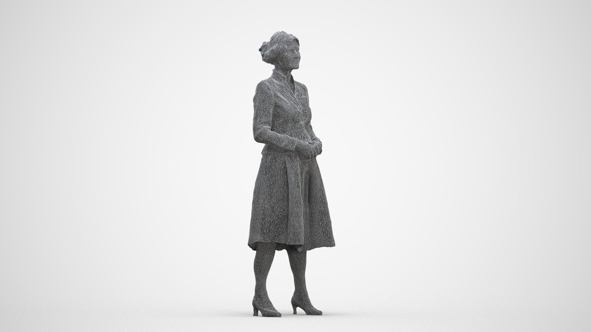 realistic 3D senior woman business standing, scanned archviz people for Blender and 3ds Max, three-quarter front view render