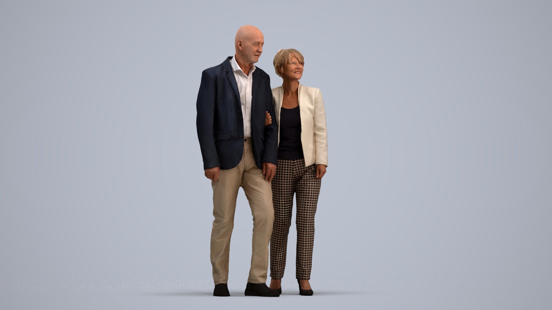 3D human model senior woman business couple, photogrammetry scanned person for archviz, standing pose render