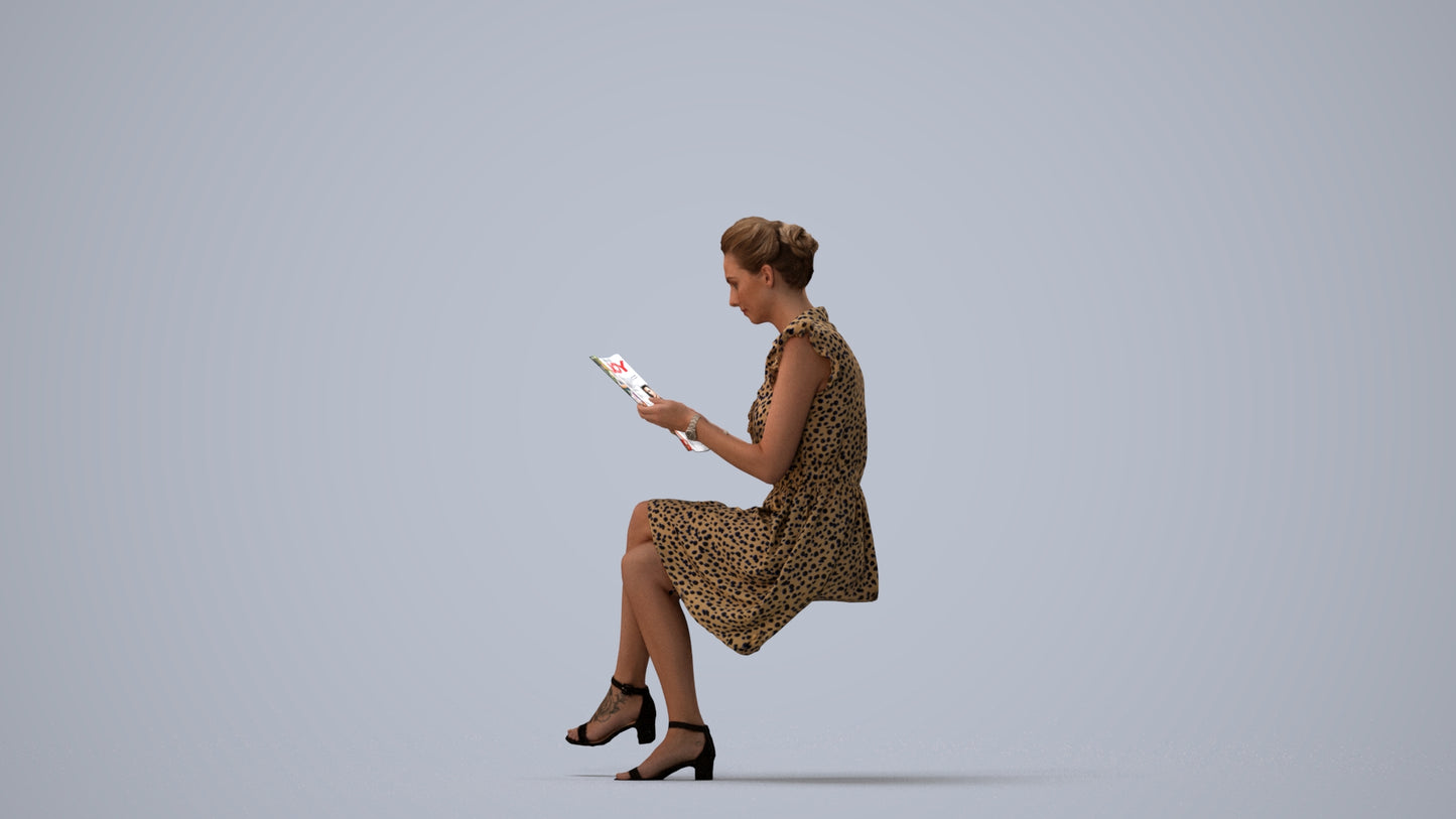 3D people model woman casual sitting, scanned human for 3ds Max rendering, three-quarter view render