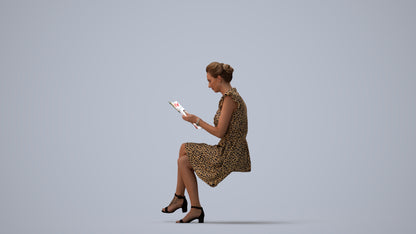 3D people model woman casual sitting, scanned human for 3ds Max rendering, three-quarter view render