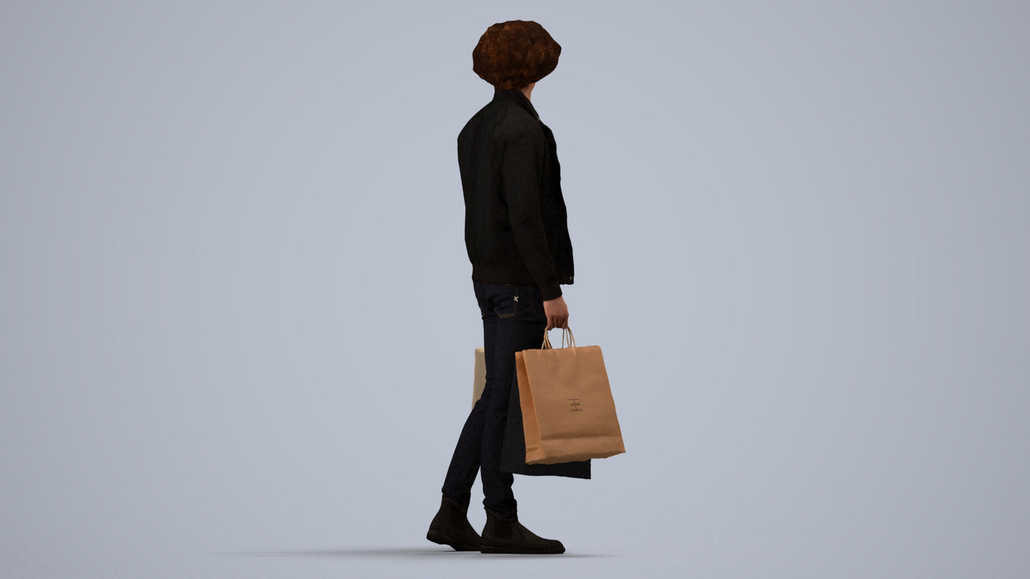 realistic 3D man casual shopping, scanned archviz people for Blender and 3ds Max, side view render
