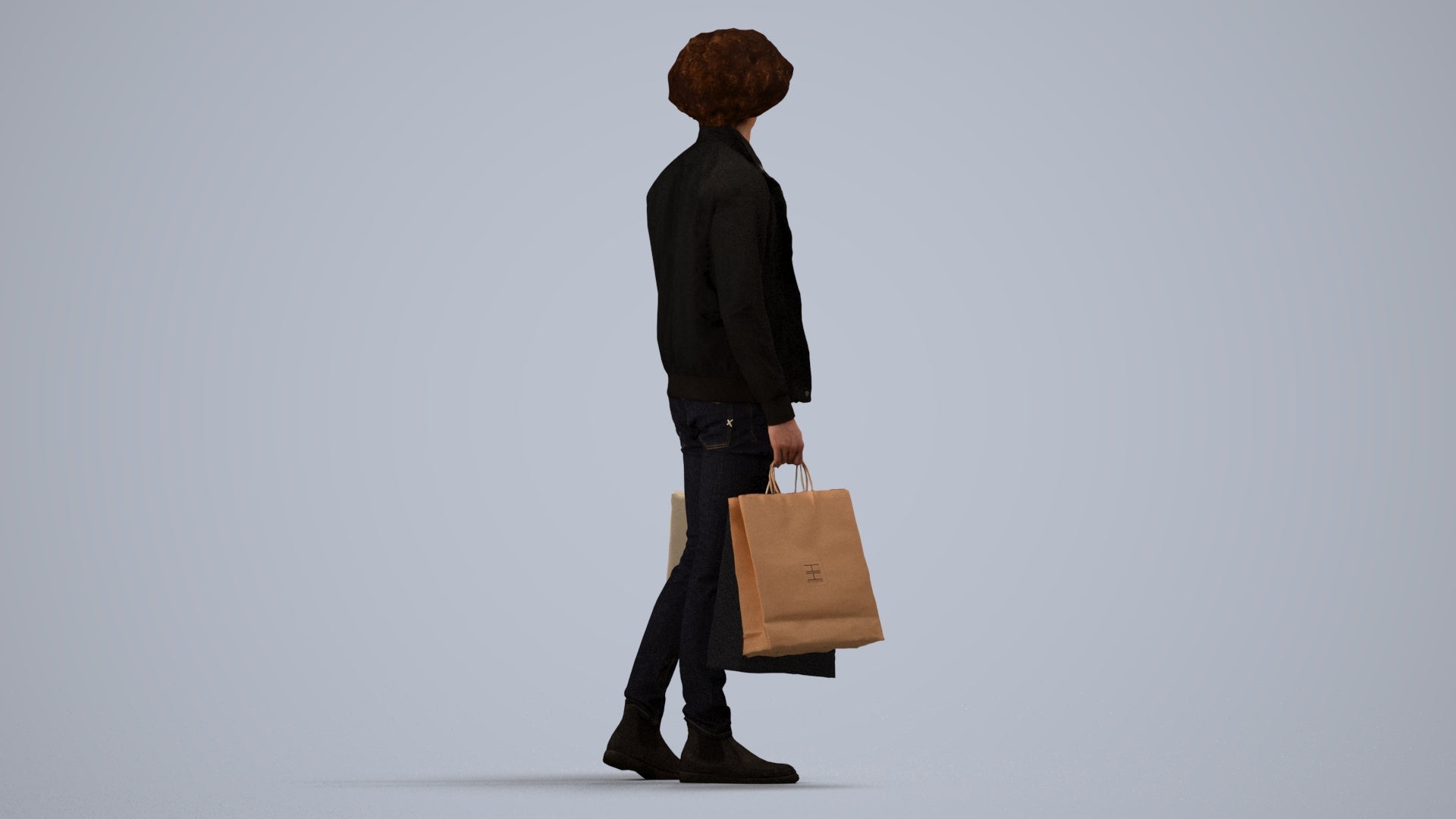 realistic 3D man casual shopping, scanned archviz people for Blender and 3ds Max, side view render