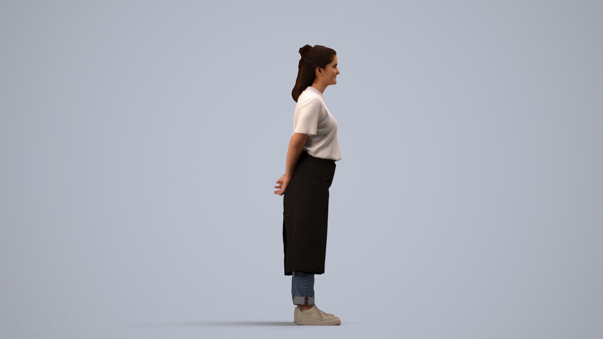 realistic 3D people woman hospitality, render-ready for V-Ray and Corona, FBX OBJ, side view render