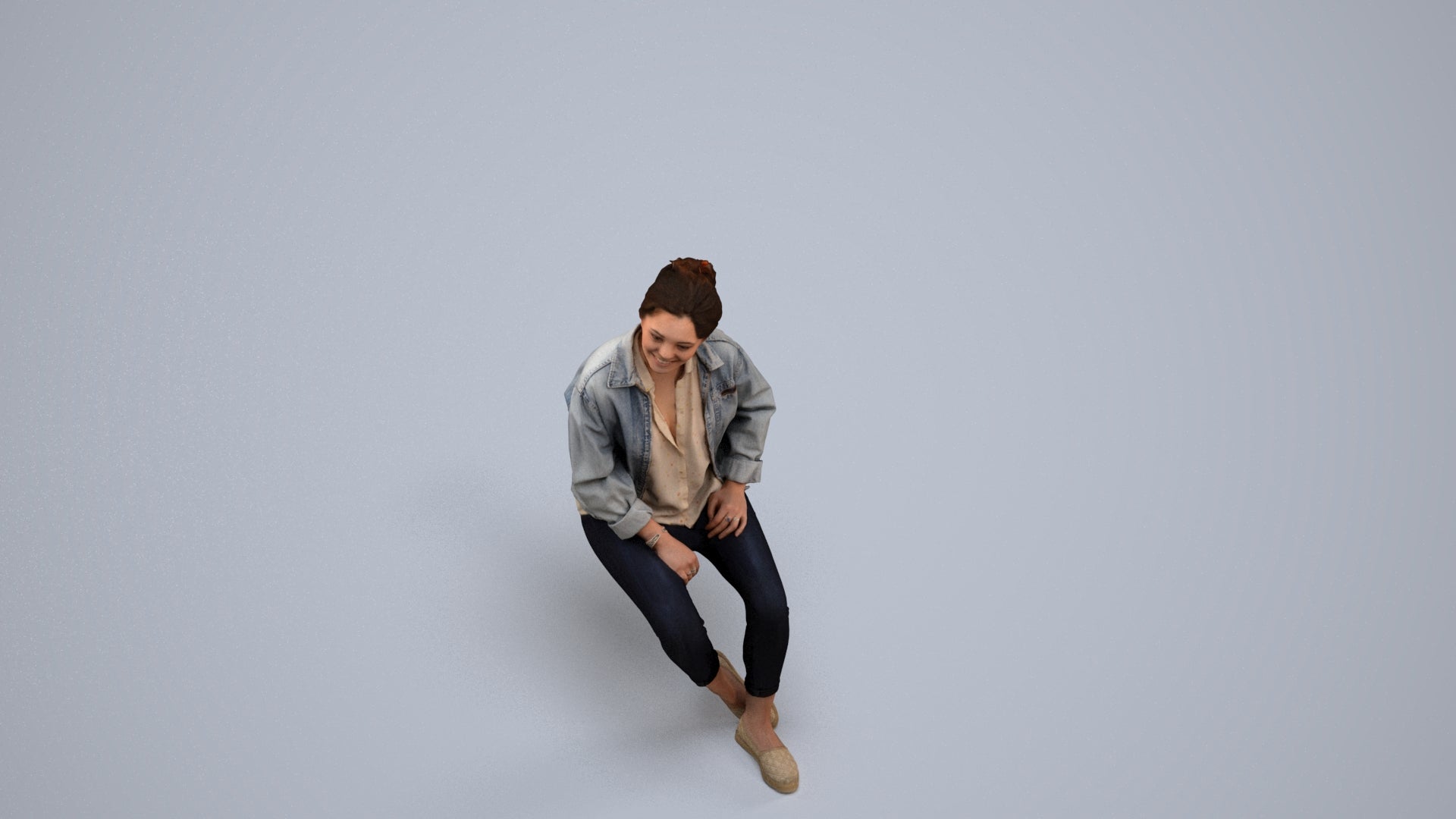 photogrammetry 3D woman casual sitting, realistic human model archviz FBX, back view render