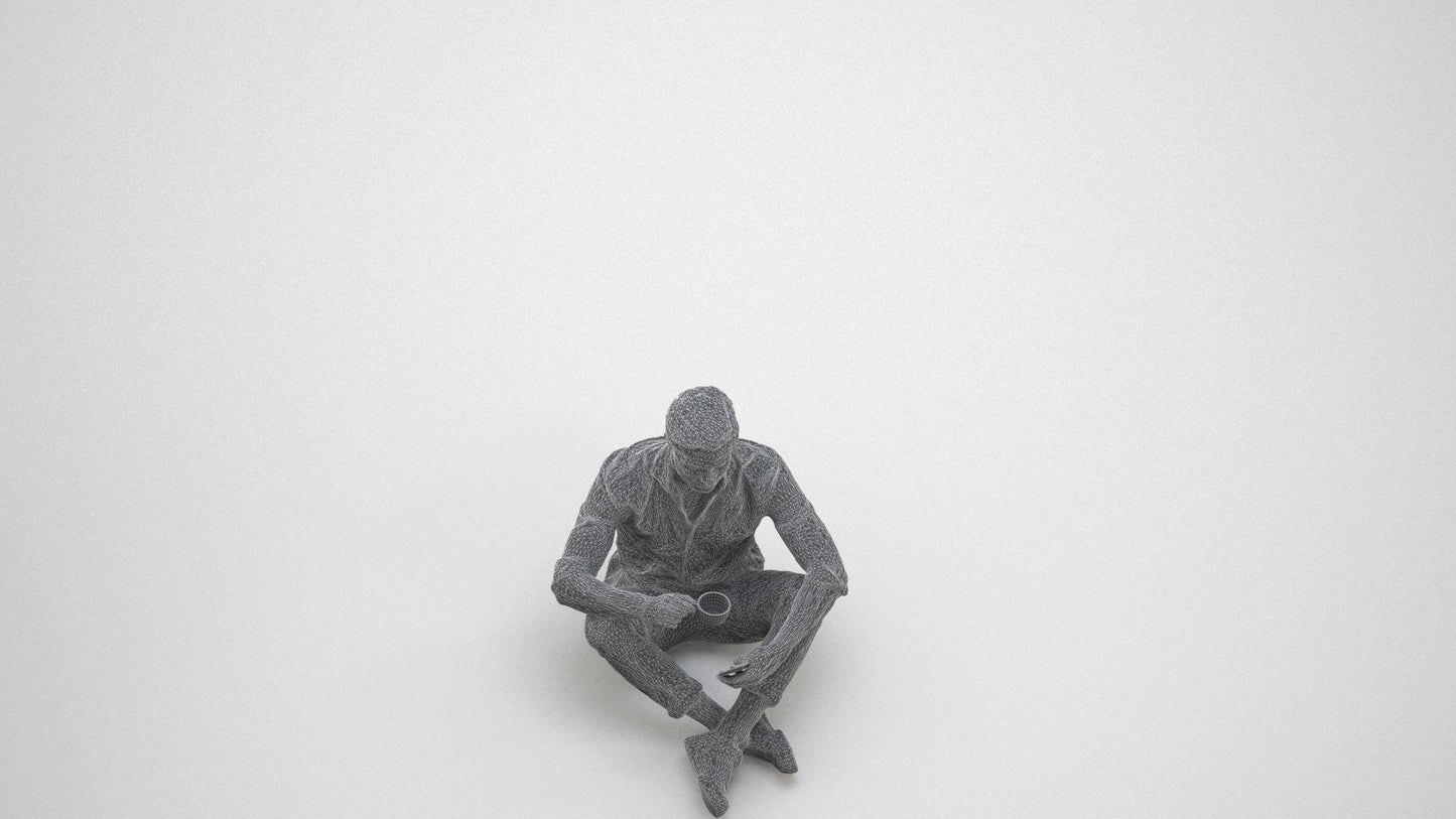 3D scanned man sitting casual, photorealistic archviz people for Enscape and SketchUp, wireframe three-quarter view