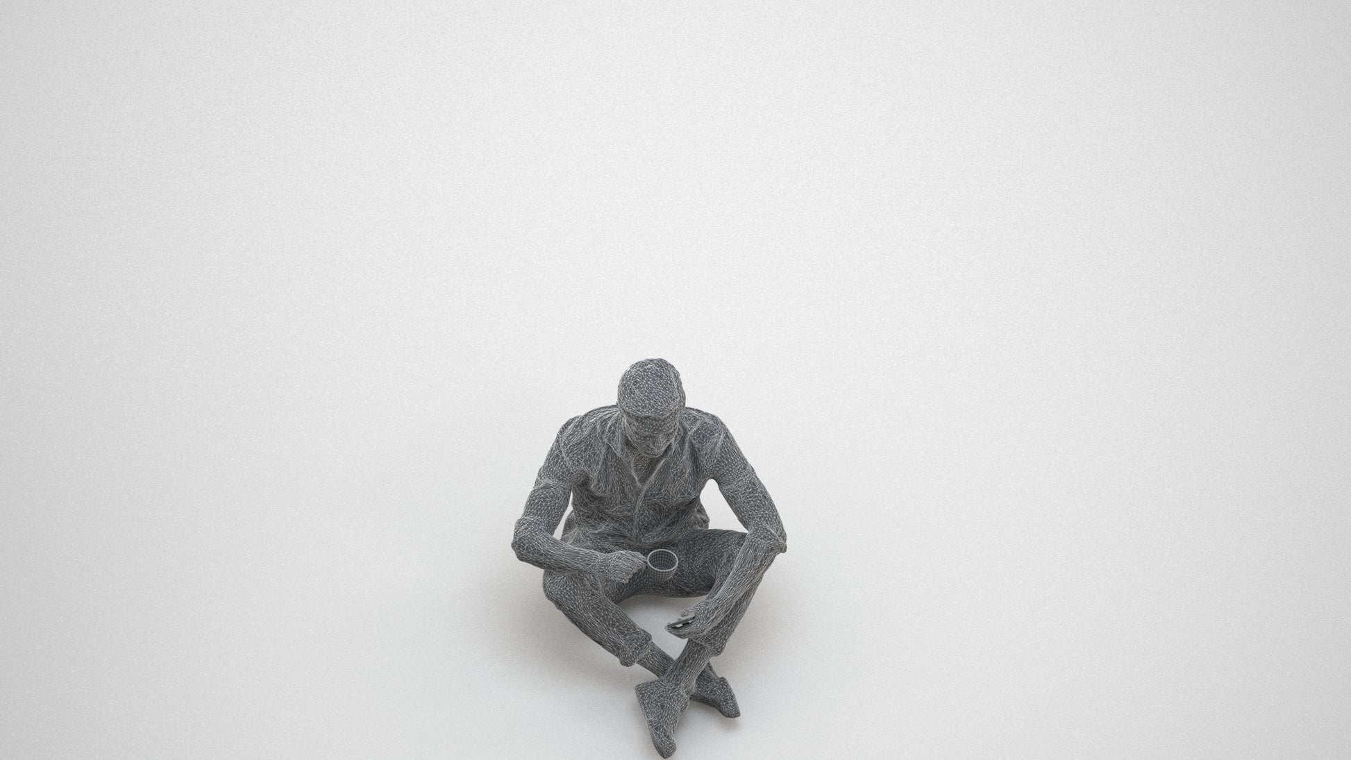 3D scanned man sitting casual, photorealistic archviz people for Enscape and SketchUp, wireframe three-quarter view