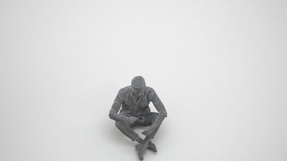 3D scanned man sitting casual, photorealistic archviz people for Enscape and SketchUp, wireframe three-quarter view