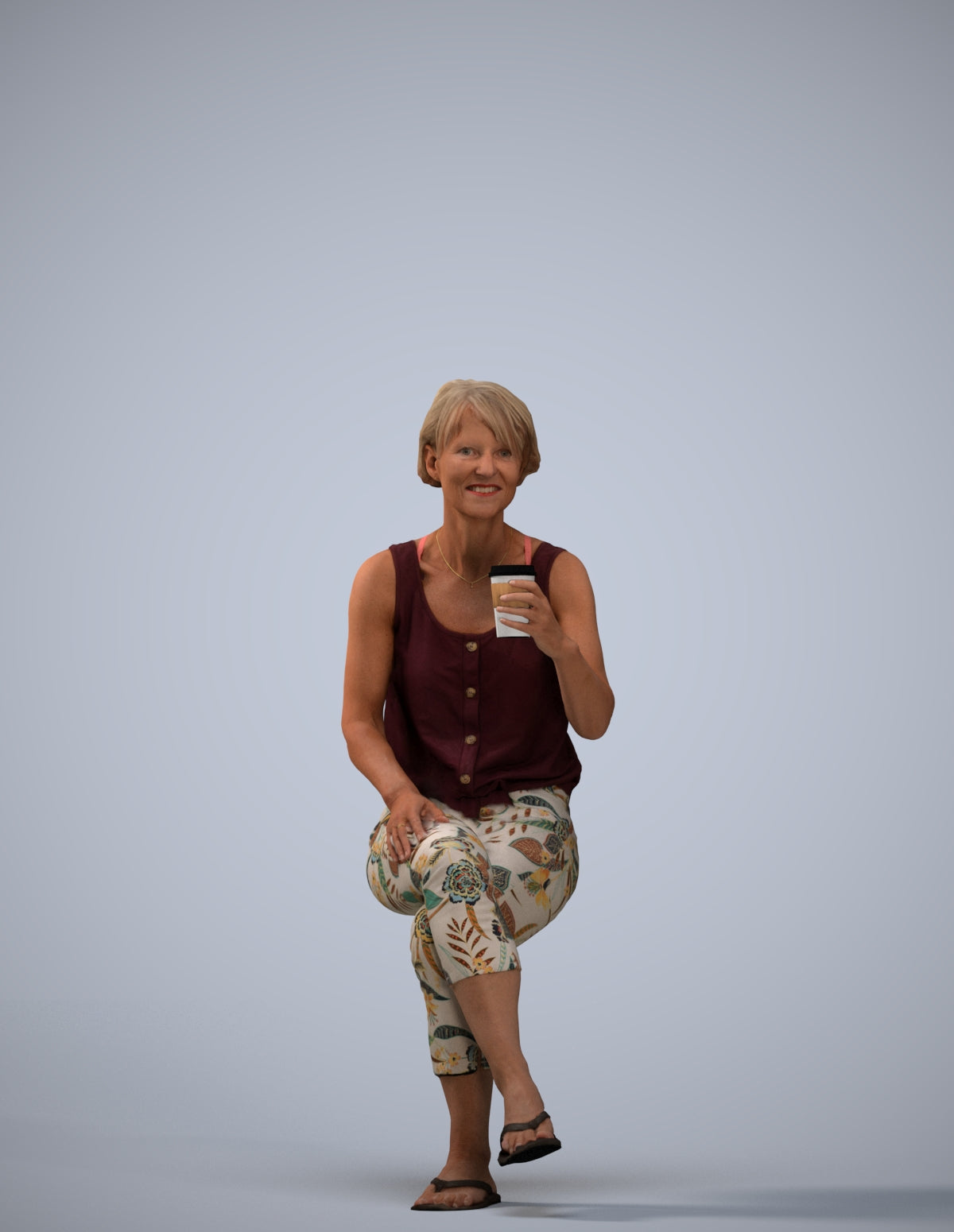 3D human model senior woman sitting, photogrammetry scanned person for archviz